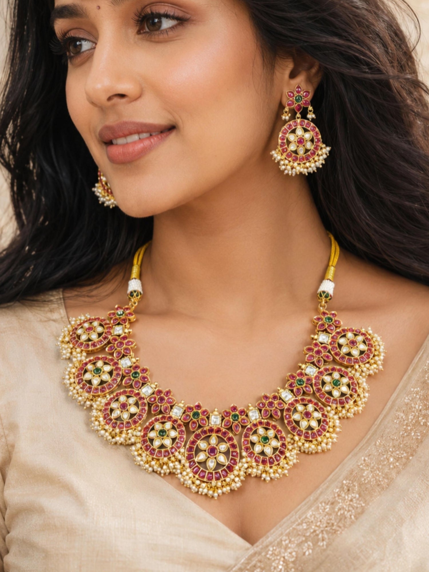 Abdesigns Southindian  Kundan Pearl Kemp Stone Necklace Set