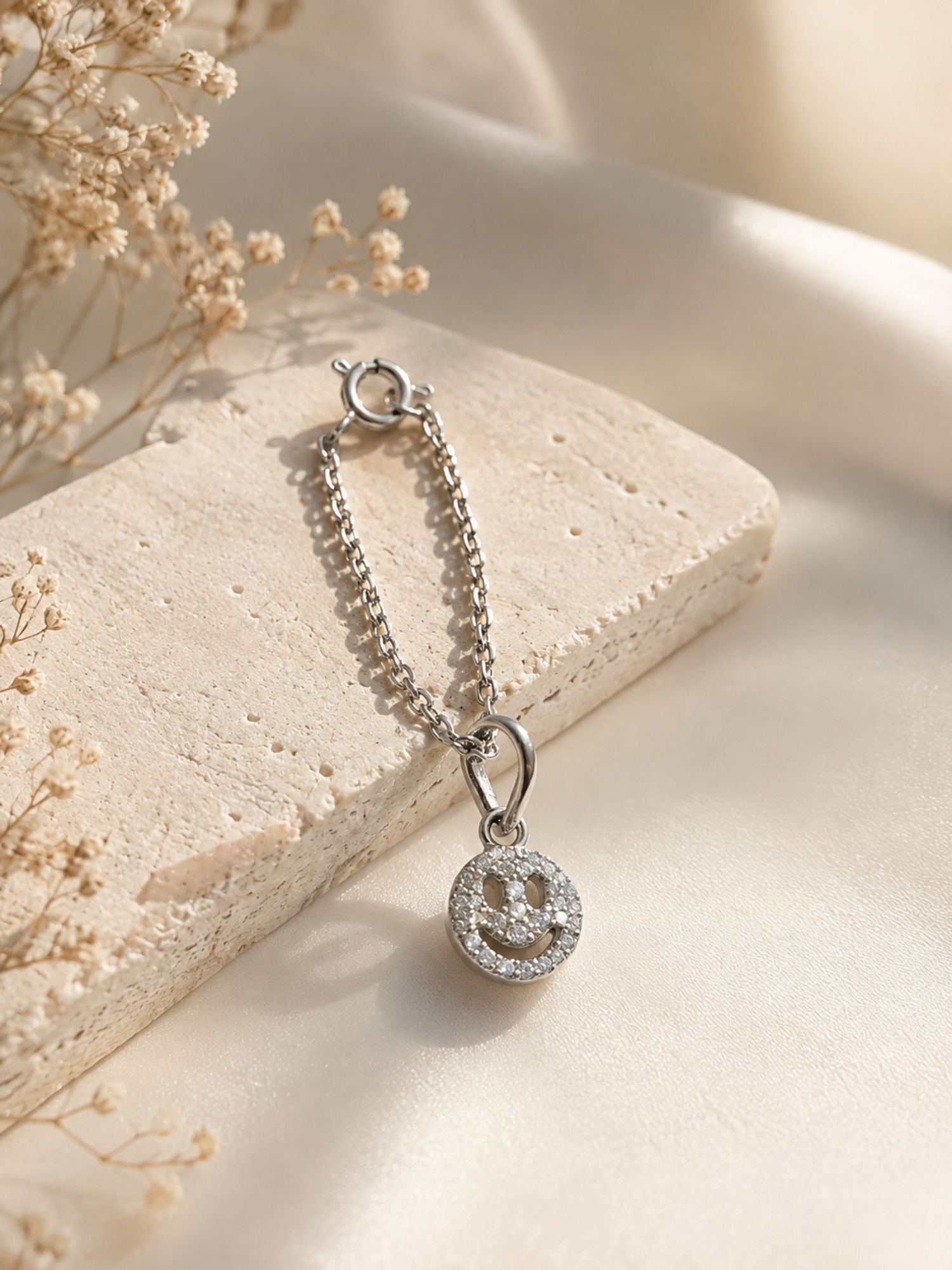 925 Sterling Silver Smiley Face Charm Chain with CZ Stones | Abdesigns Jewellery