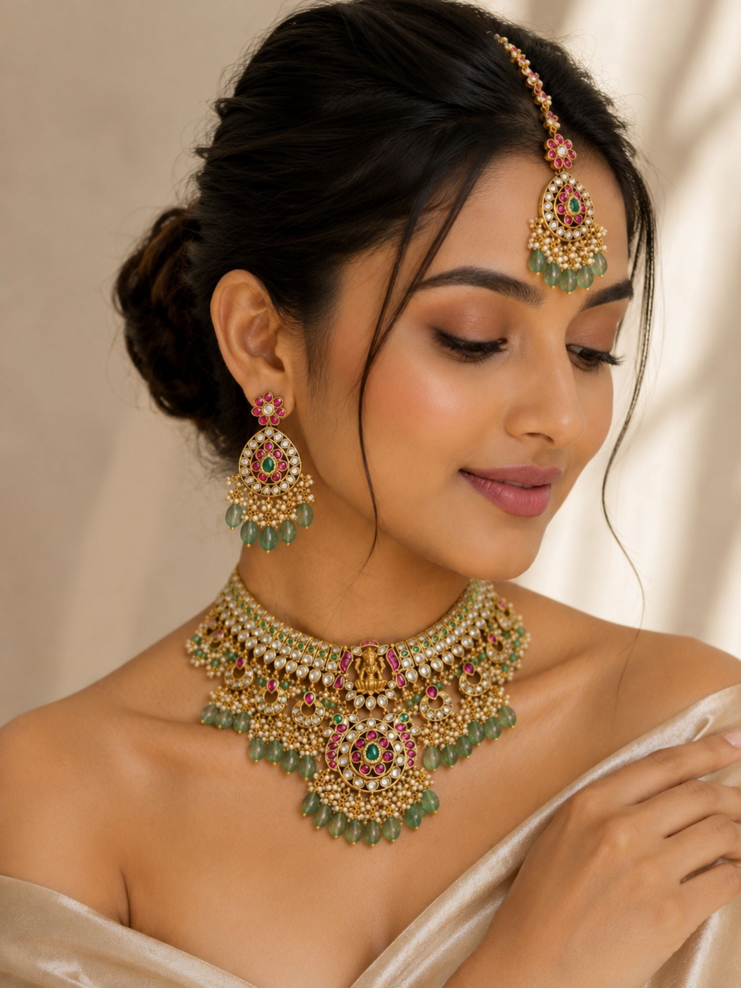 Abdesigns Royal Kundan Bridal Choker Set with Maang Tikka & Green Drops