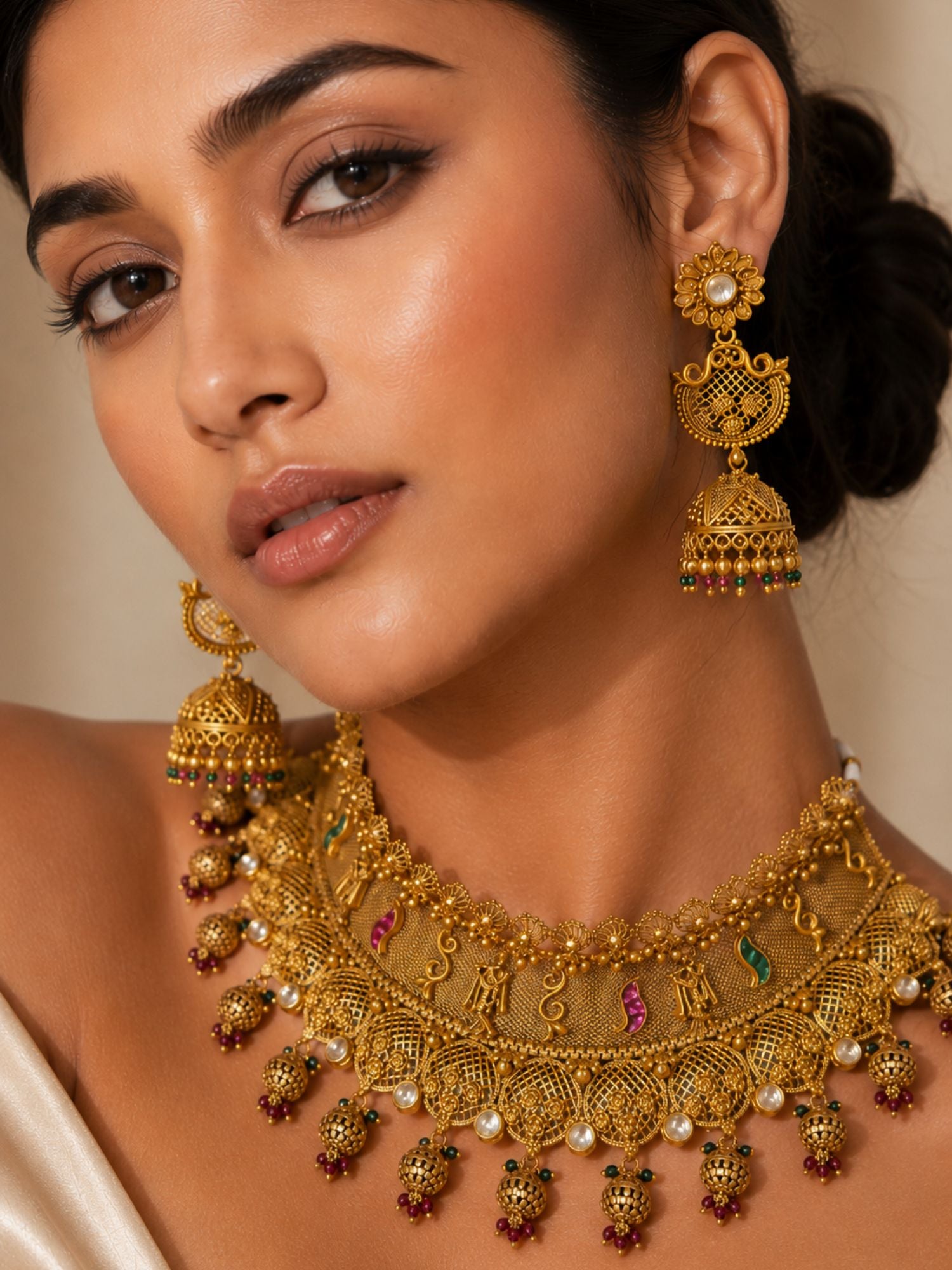 Bridal Antique Temple Choker Necklace Set in Gold Plating | Abdesigns