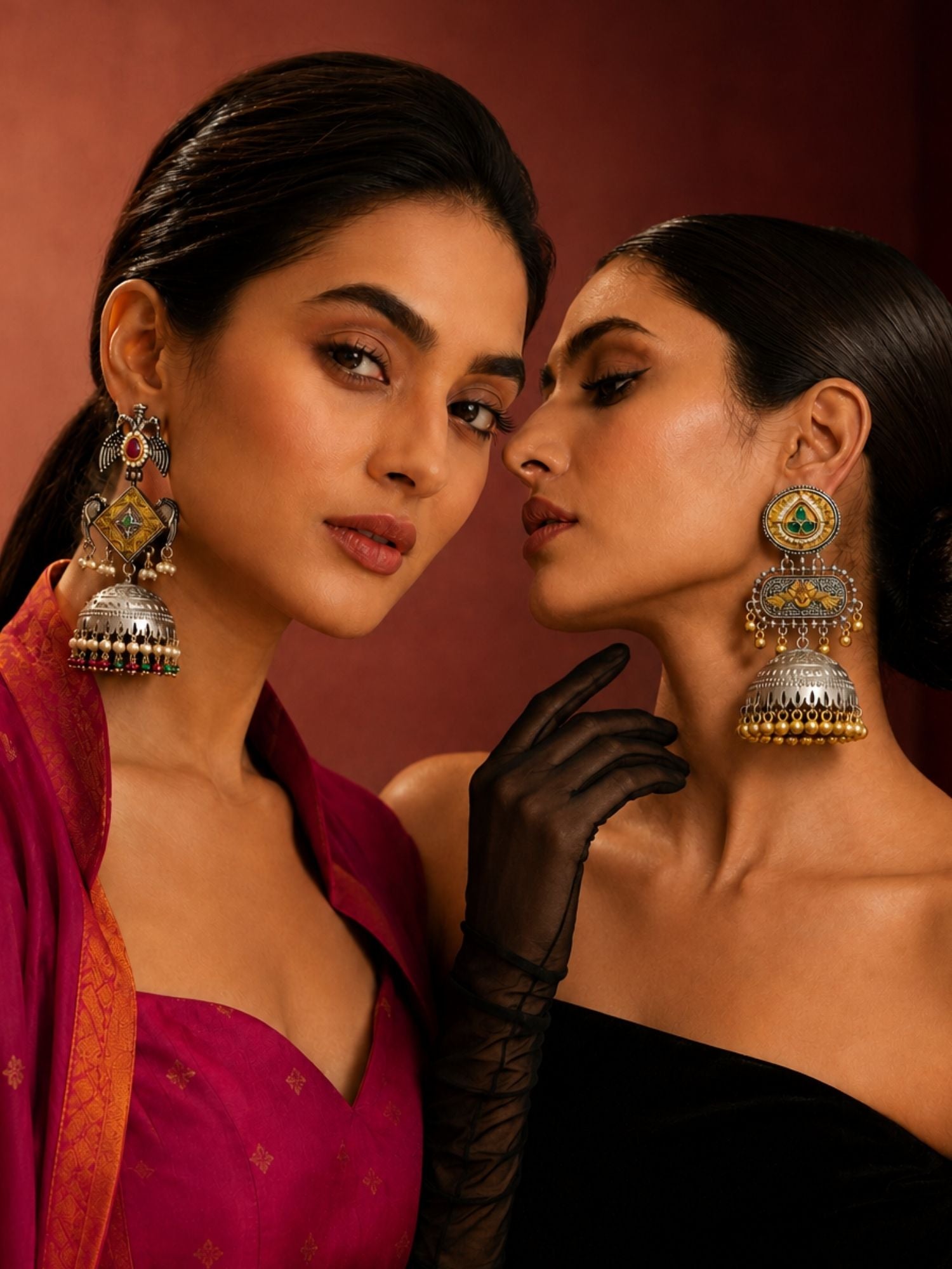 Set of 2 DualTone Multicolor Meenakari German Silver Jhumka Earrings Combo for Women
