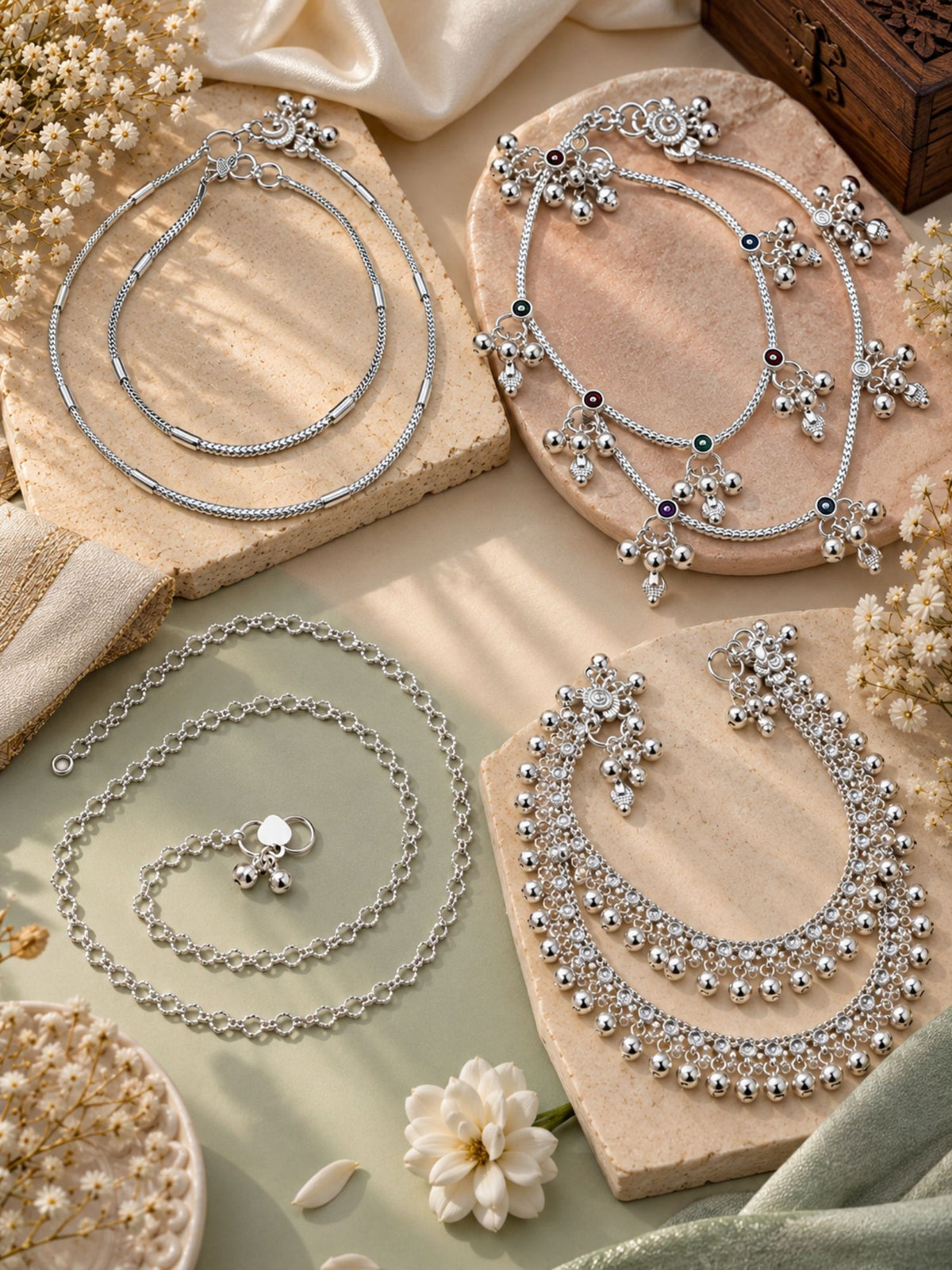 Combo Of 4 Silver Plated Traditional Ghungroo Anklets for Women