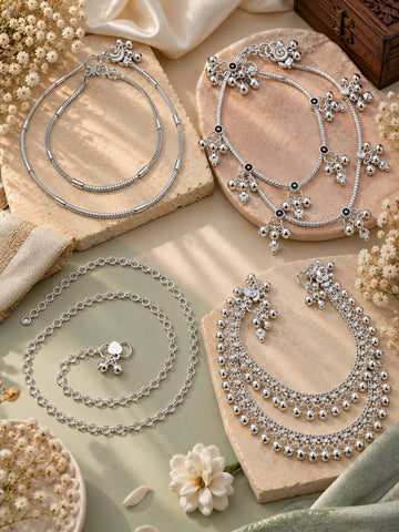 Combo Of 4 Silver Plated Traditional Ghungroo Anklets for Women