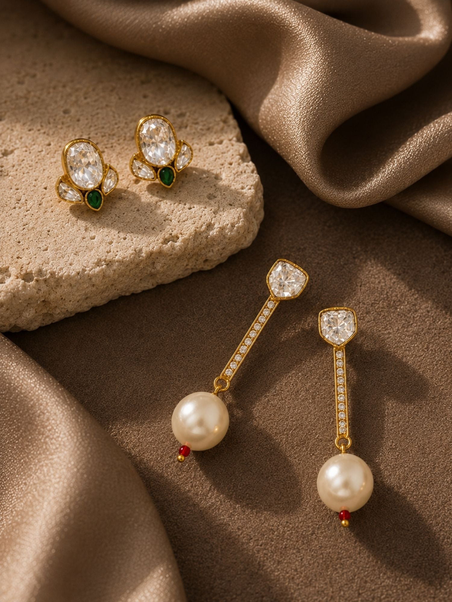 Combo Of Gold Plated Kundan Pearl & Green Stone Earrings