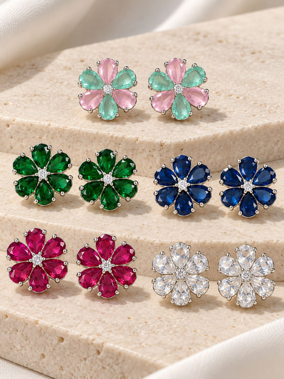 Set of 5 Multicolor AD Floral Stud Earrings | Abdesigns Jewellery