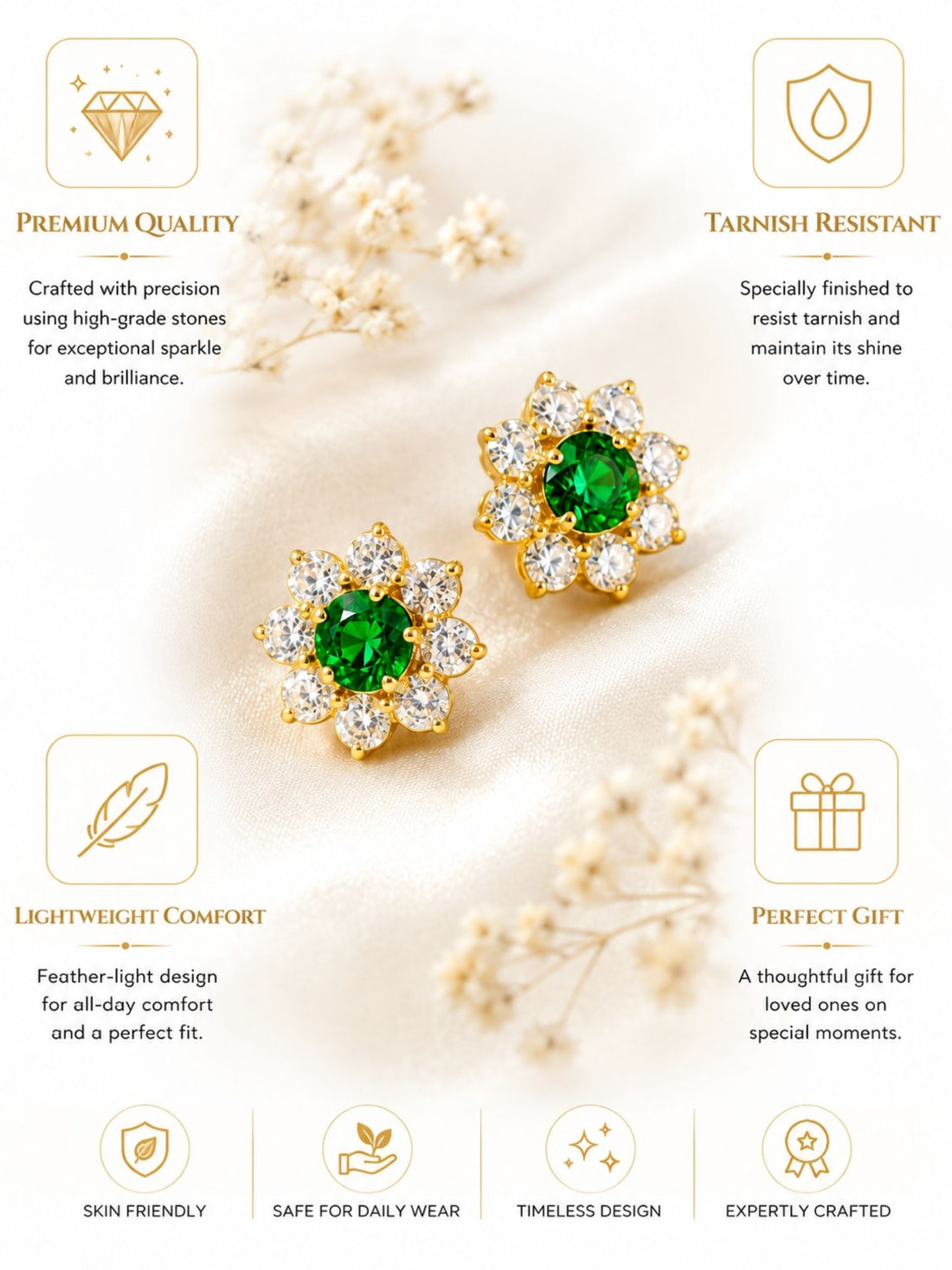 925 Sterling Silver Gold Plated Emerald Green Stone Flower Stud Earrings