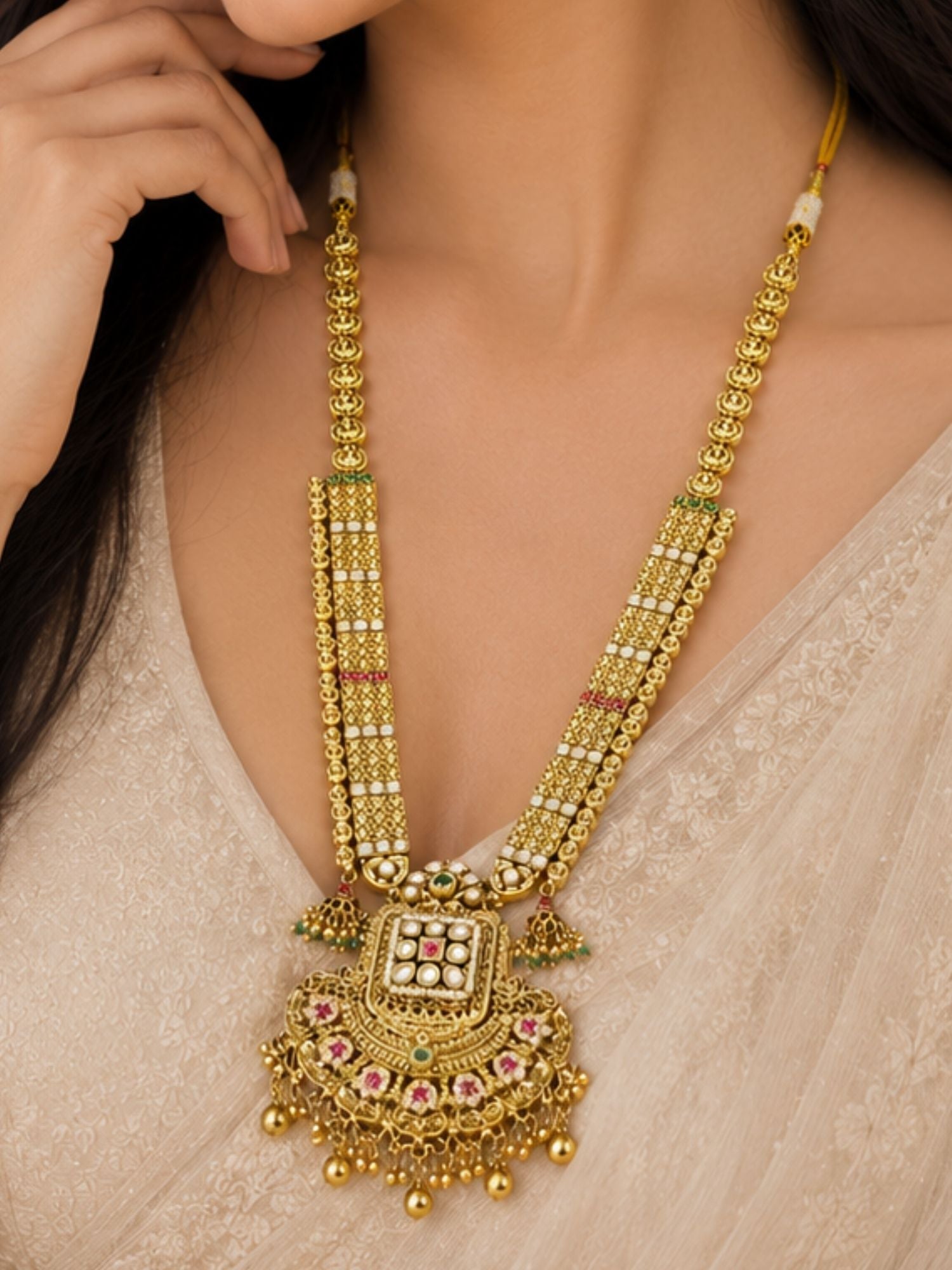 Gold Multicolour Ruby Green Stones Kundan Long Necklace Set  | Abdesigns