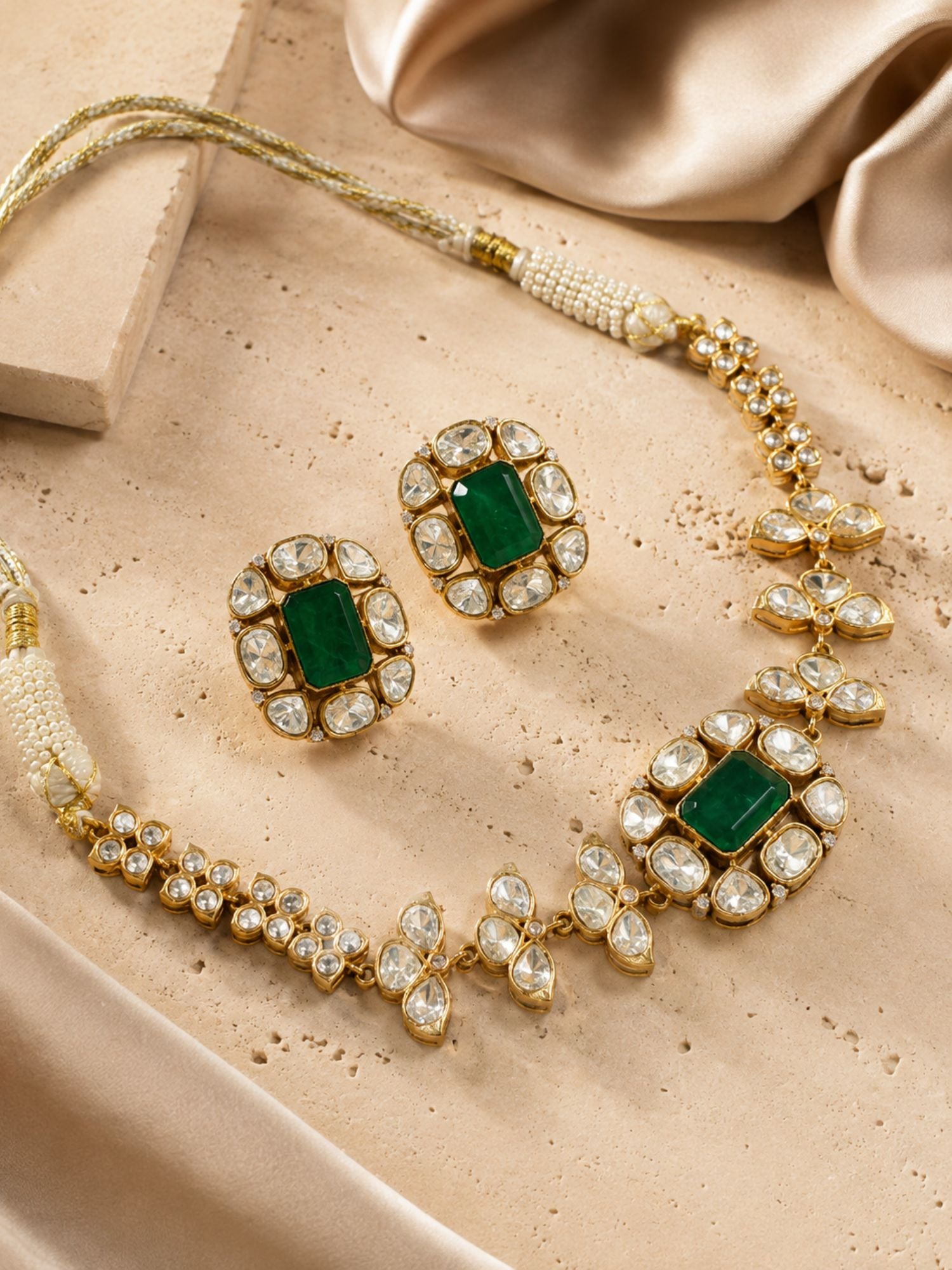 Gold Plated Green Kundan Floral Necklace Set for Women