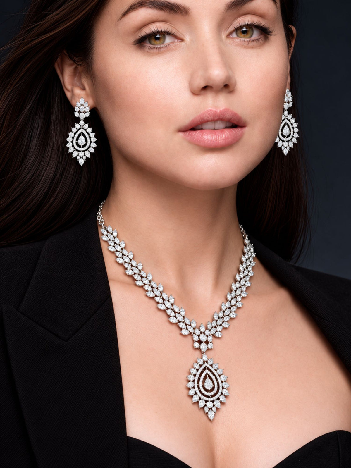 Silver Plated AD Stone Leaf Teardrop Necklace Set with Earrings for Women