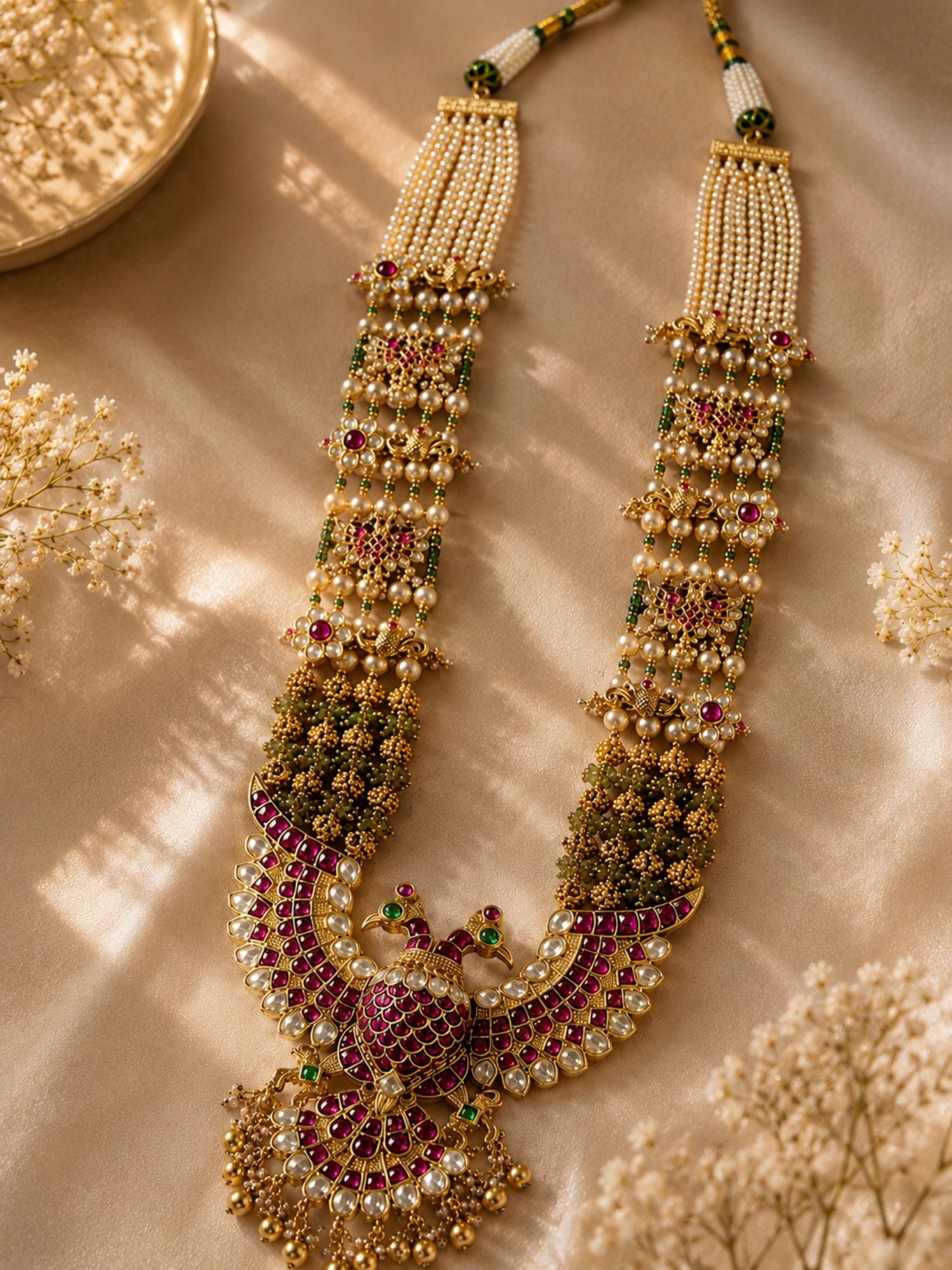 Abdesigns Royal Peacock Kundan Necklace Set with Pearl Layers & Emerald Accents