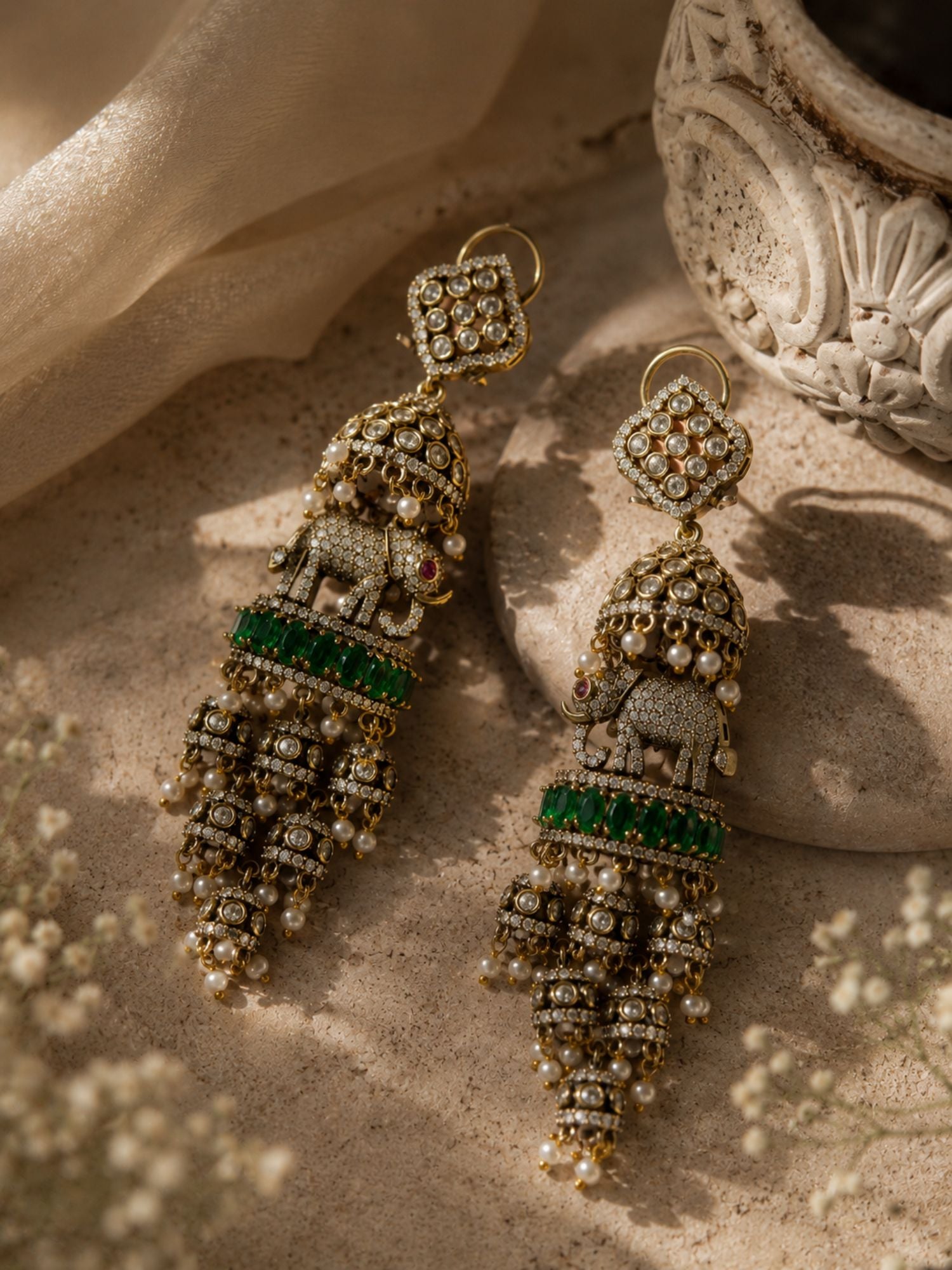 Elephant Pearl Green Jhumka Earrings | Abdesigns