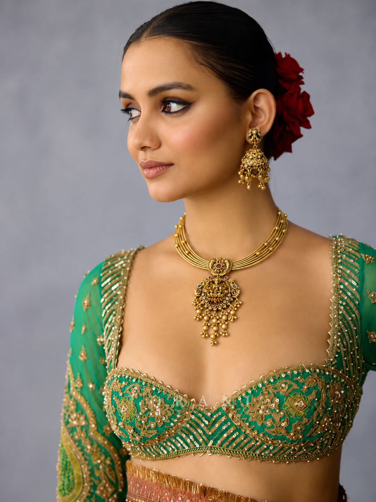 Gold Plated Temple Lakshmi Hasli Necklace Set with Jhumka Earrings