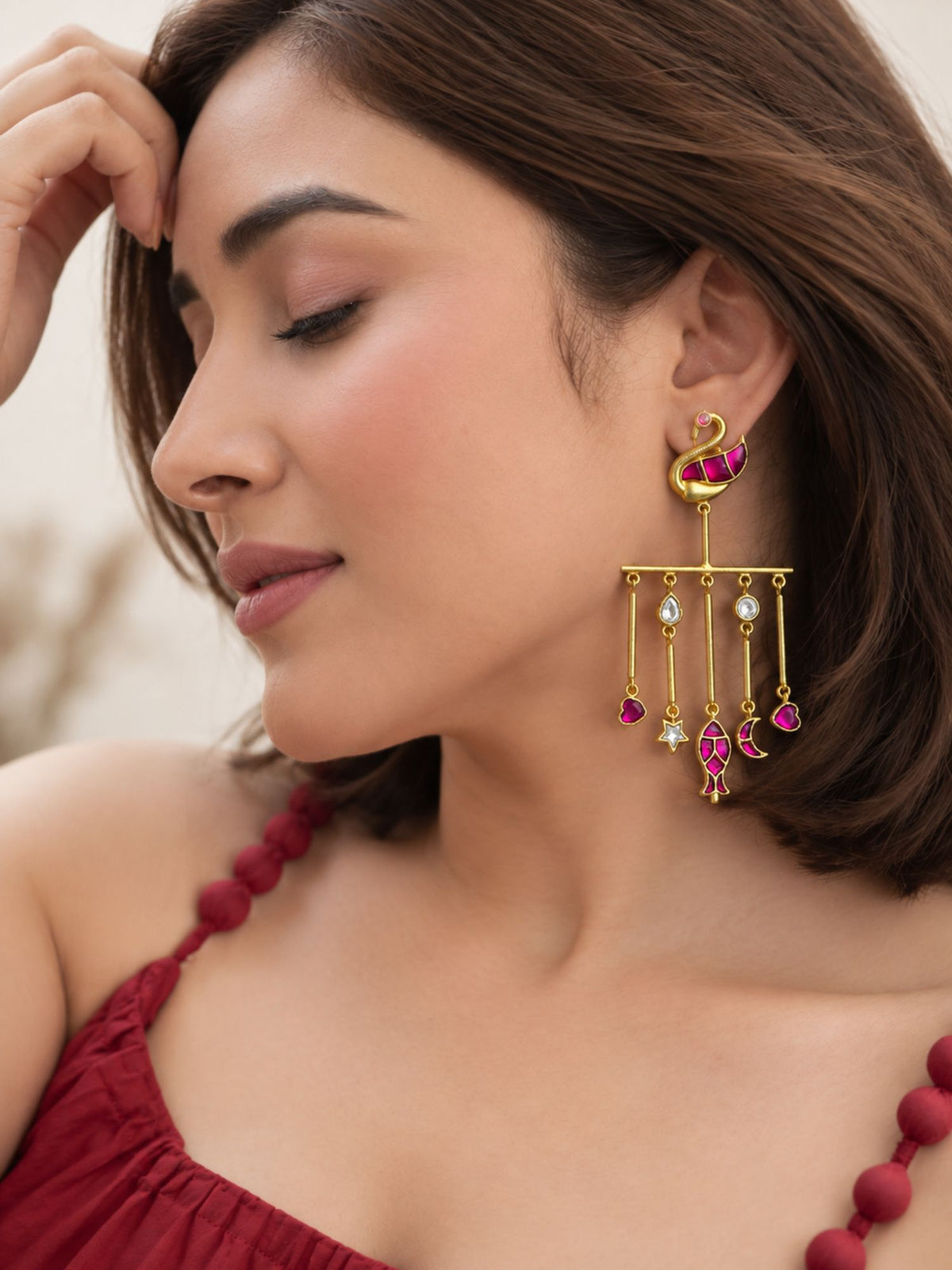 Gold Plated Pink Meenakari Charm Long Statement Earrings for Women