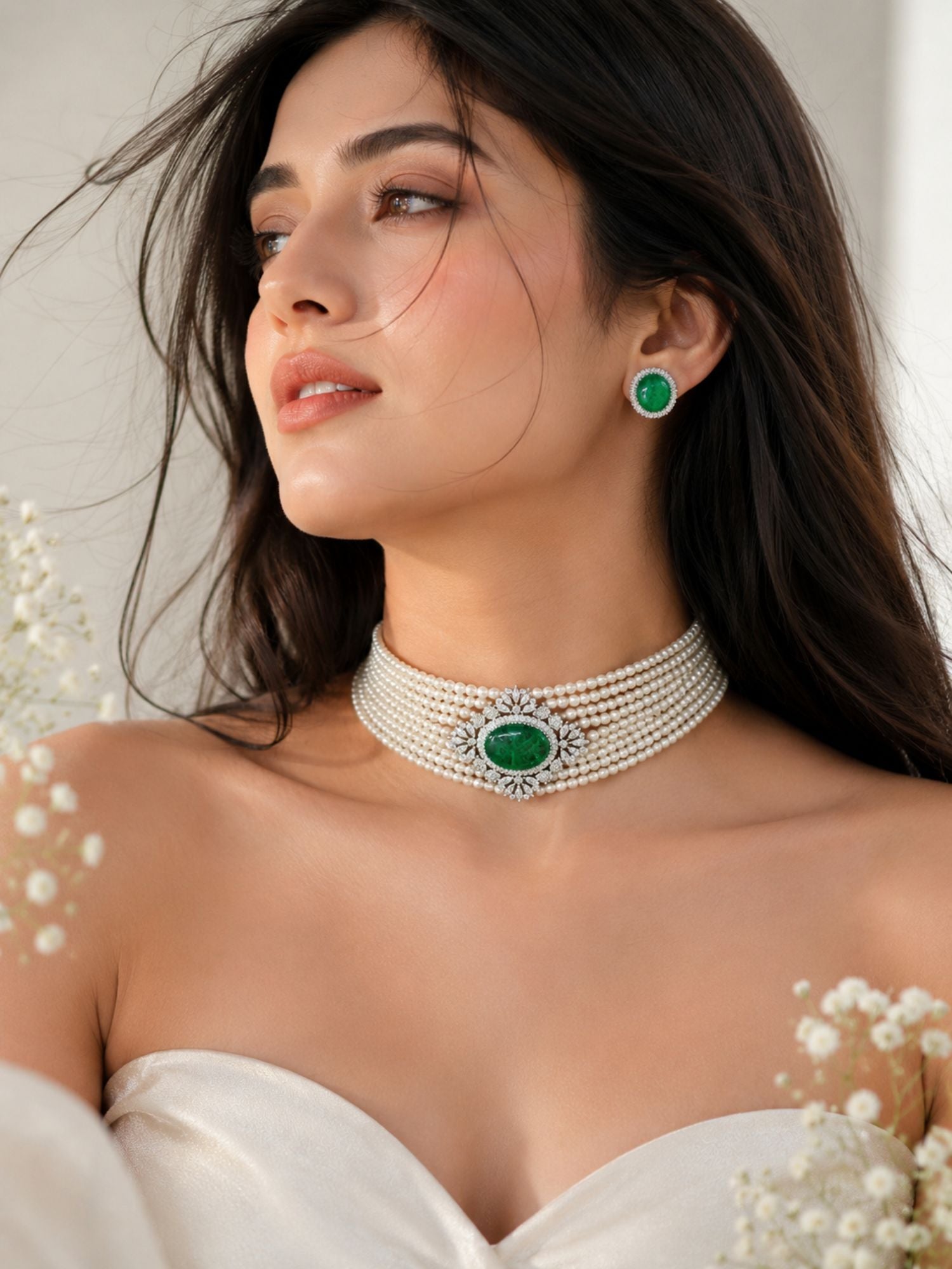 Emerald Pearl Choker Necklace Set in Silver Plating | Abdesigns