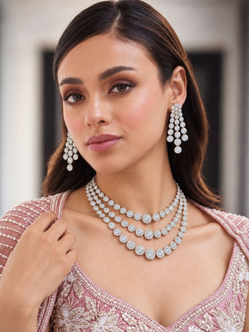 3 Layer Silver Plated American Diamond Necklace Set | Abdesigns Jewellery
