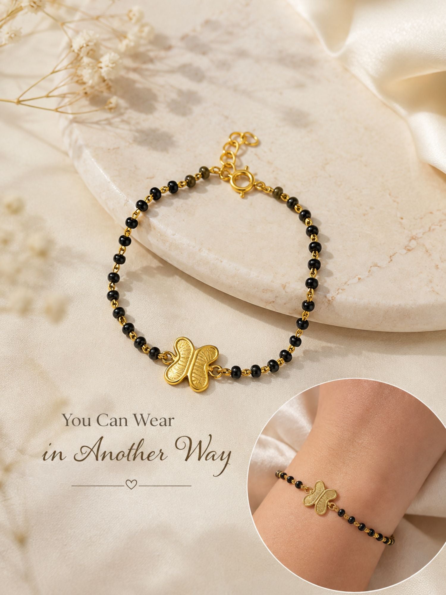 925 Sterling Silver Gold Plated Kids Black Bead Bracelet with Charms