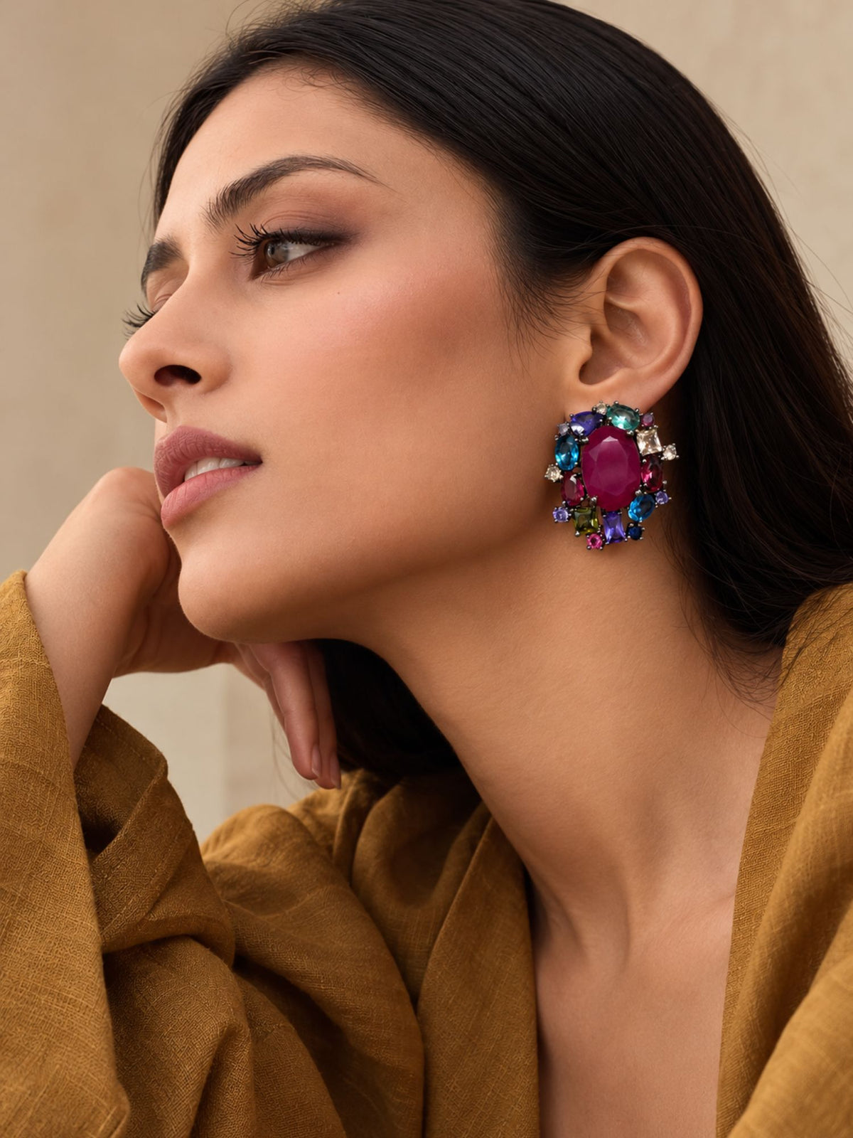 Silver Black Rhodium Plated Multicolor Crystal Oval Statement Earrings