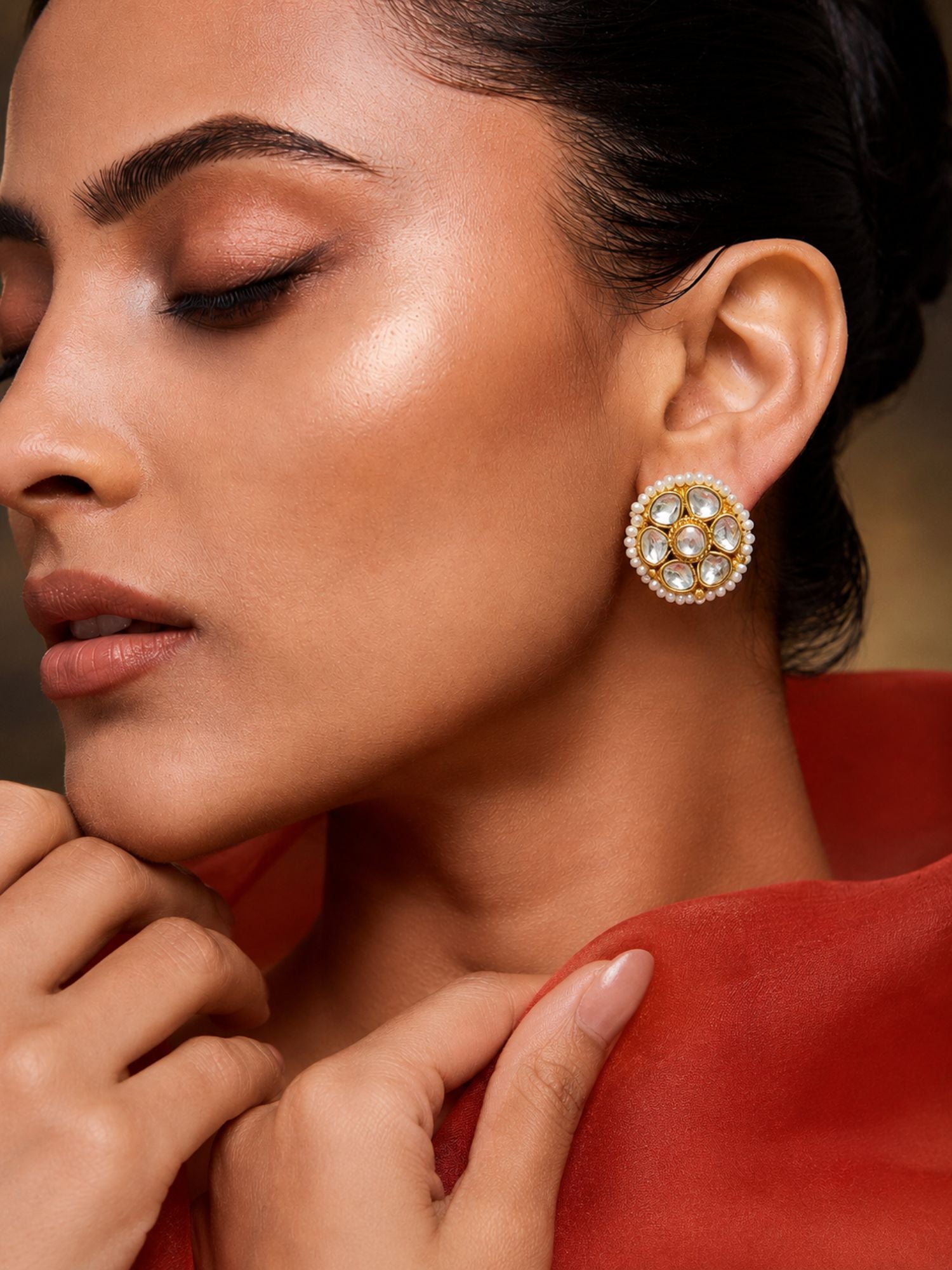 Gold Plated Floral Kundan Pearl Stud Earrings for Women