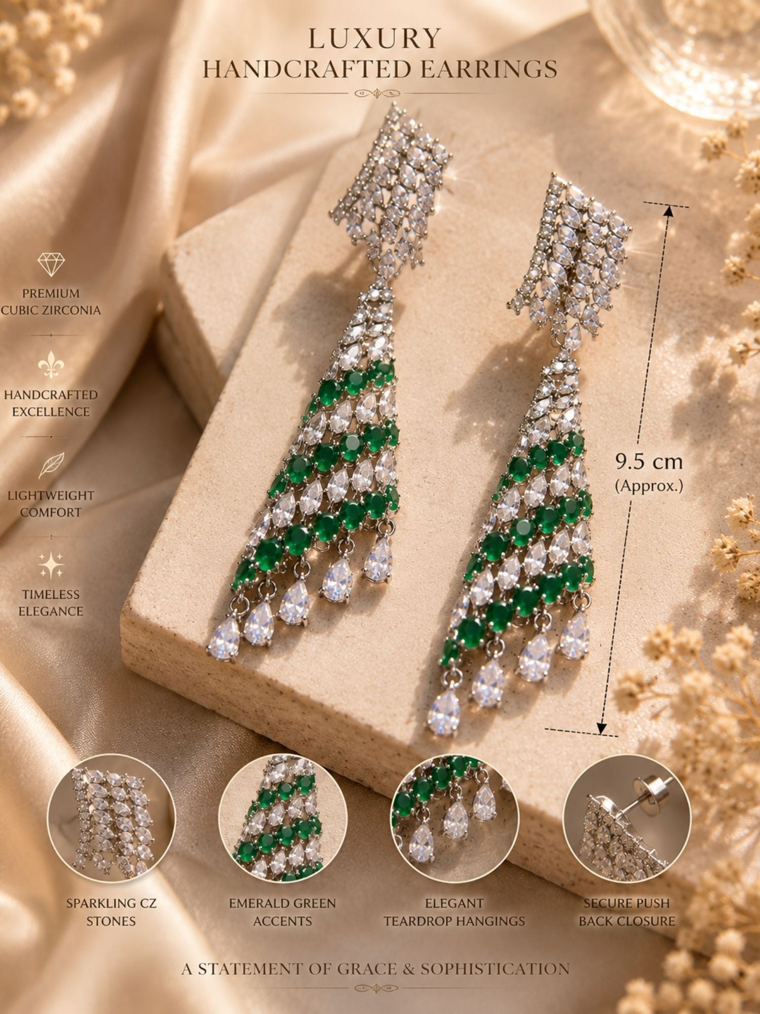 Emerald Green CZ Long Earrings in Silver Finish – Party Wear - earrings by Abdesigns Jewellery