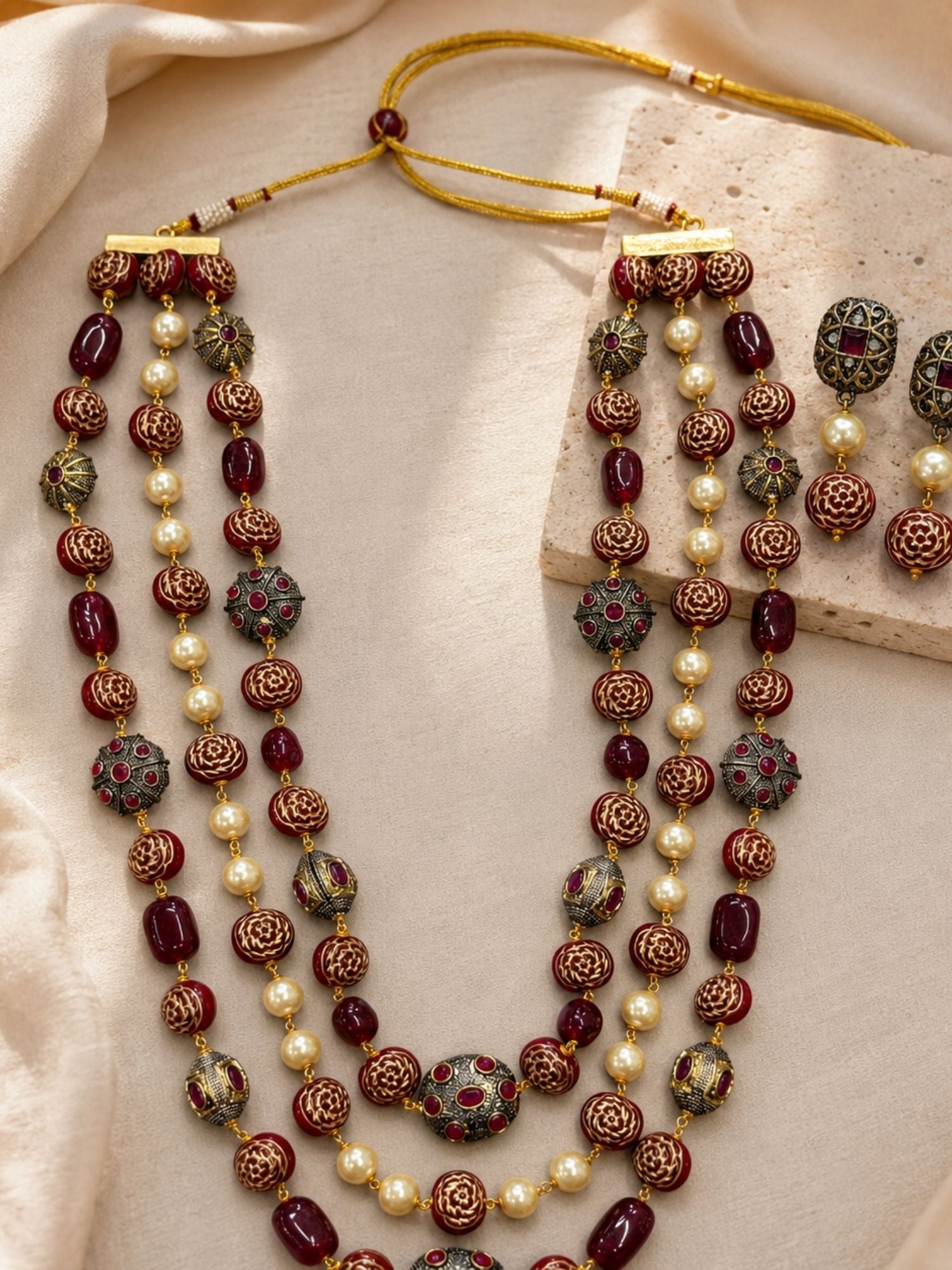 Antique Gold Plated Green Bead Pearl Mala Necklace Set with Earrings