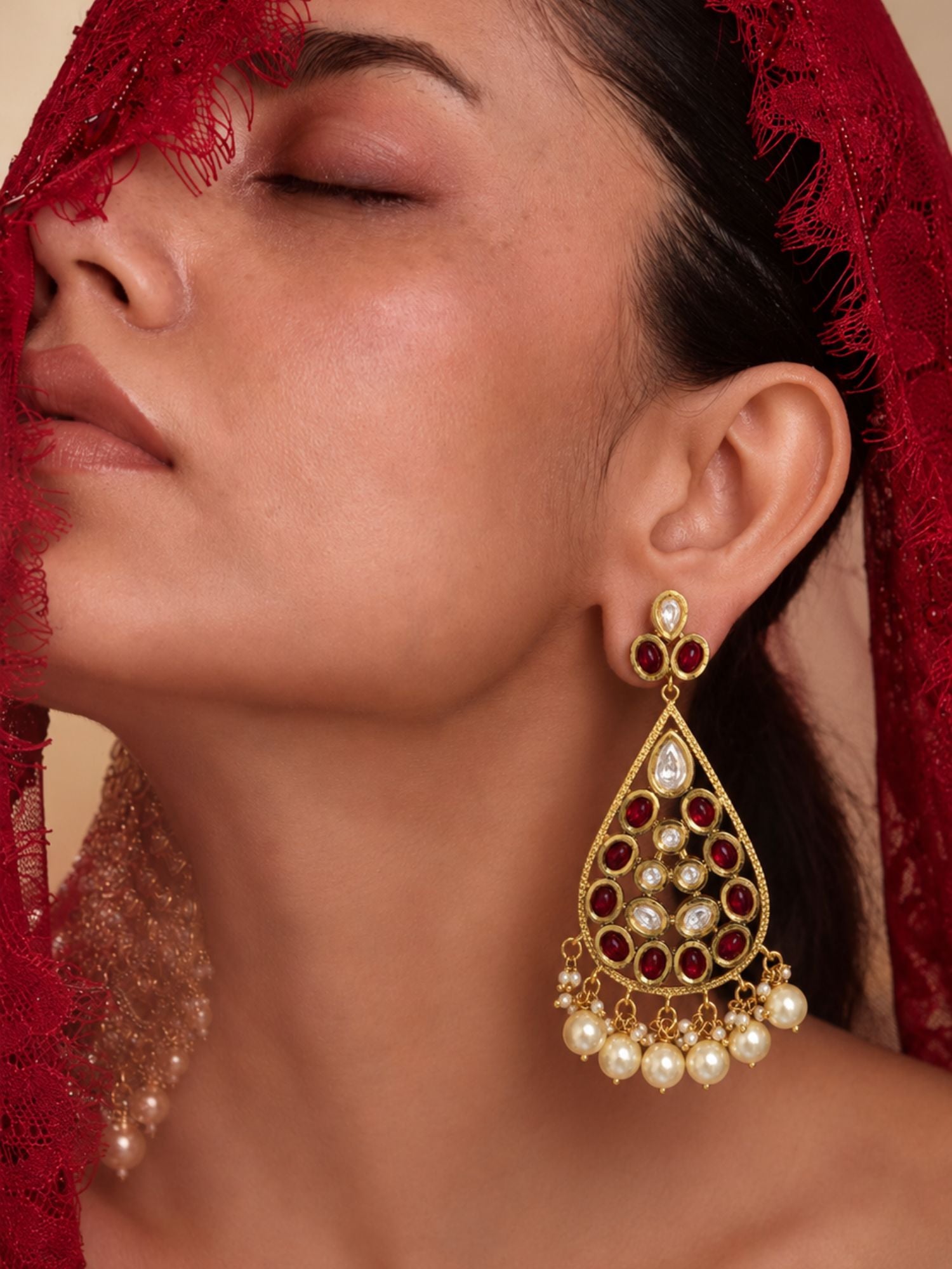 Gold Plated Ruby Kundan Pearl Statement Earrings for Women