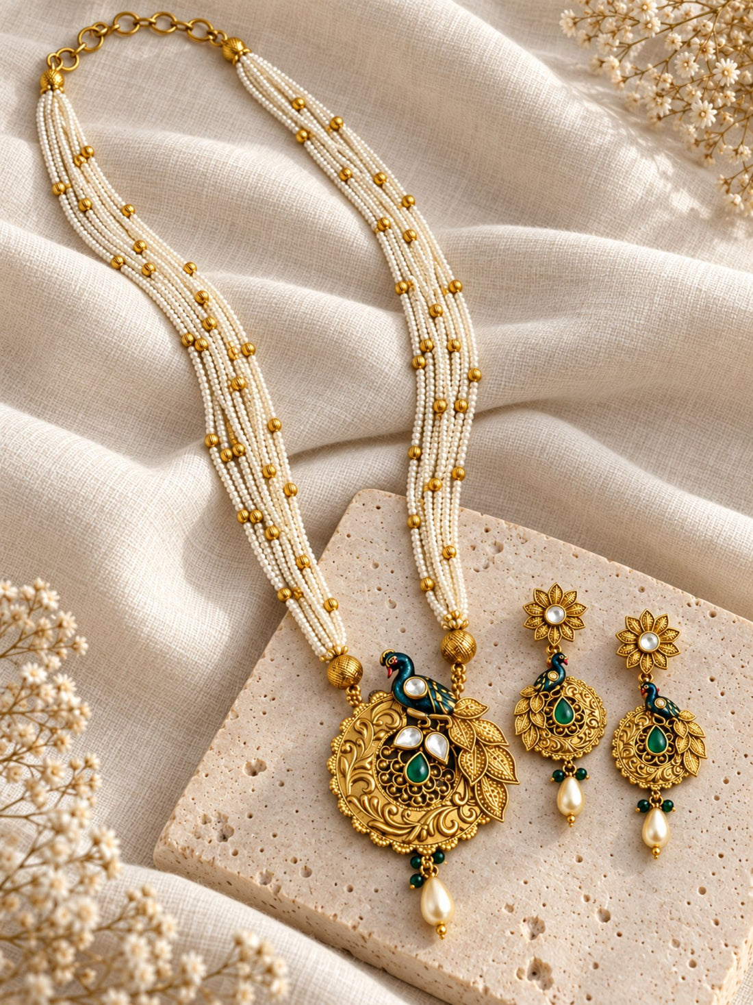 Antique Gold Plated Peacock Kundan Pearl Necklace Set