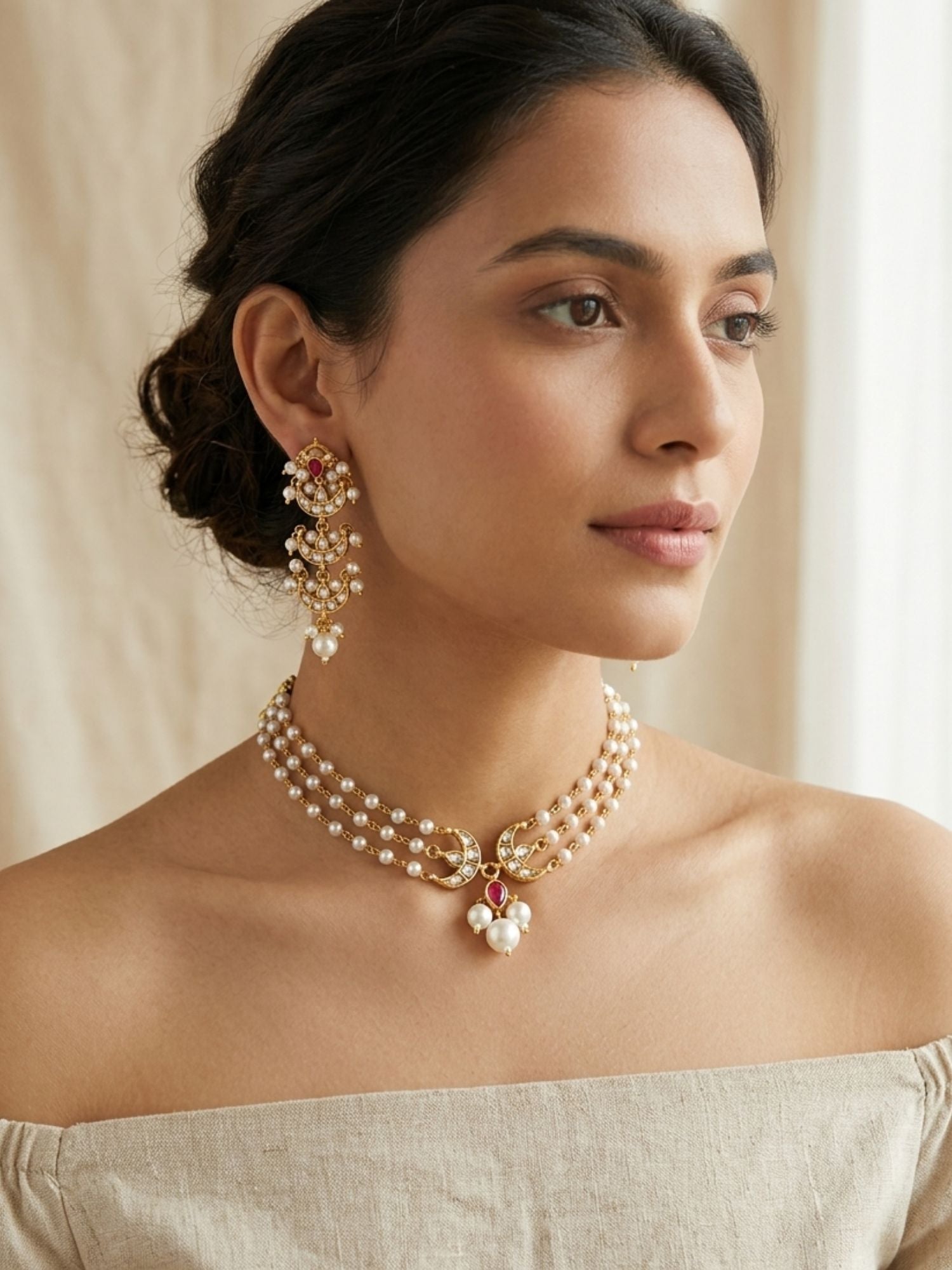 Abdesigns Pearl Layered Chand Necklace Set with Earrings