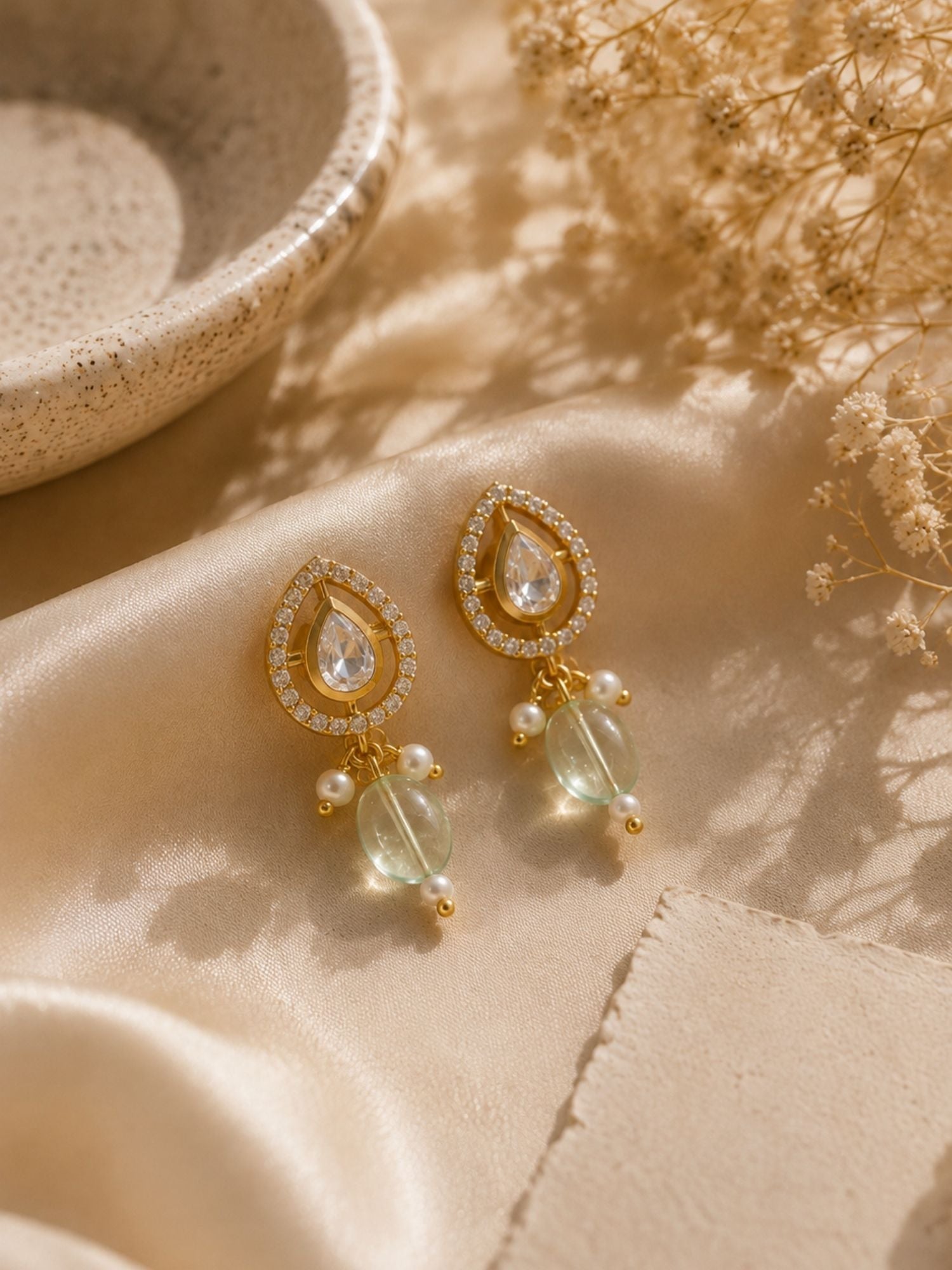 Combo Of Elegant Kundan Pearl & Mint Green Bead Earrings