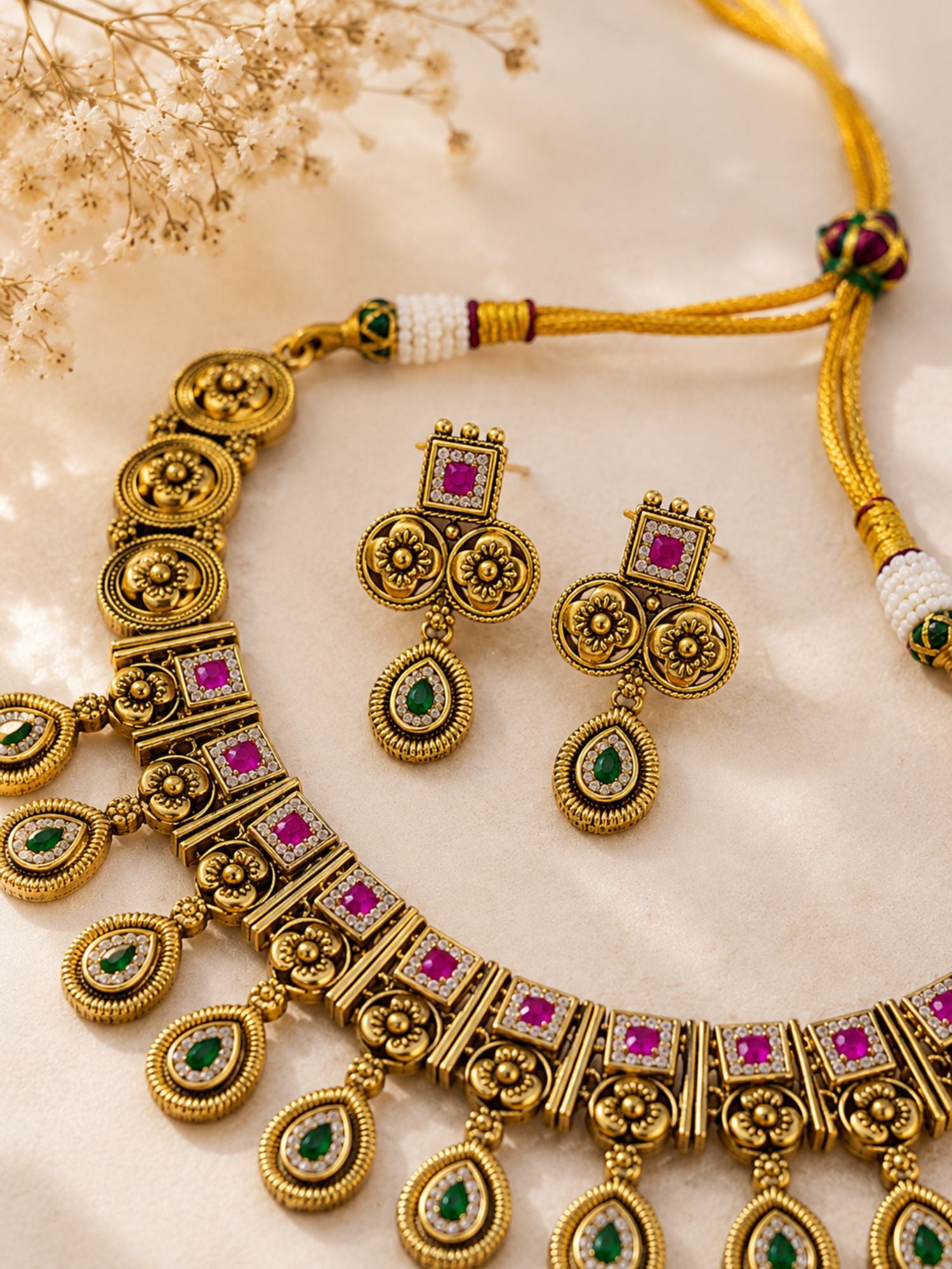 Antique Gold Plated Temple Necklace Set with Bangles Combo for Women