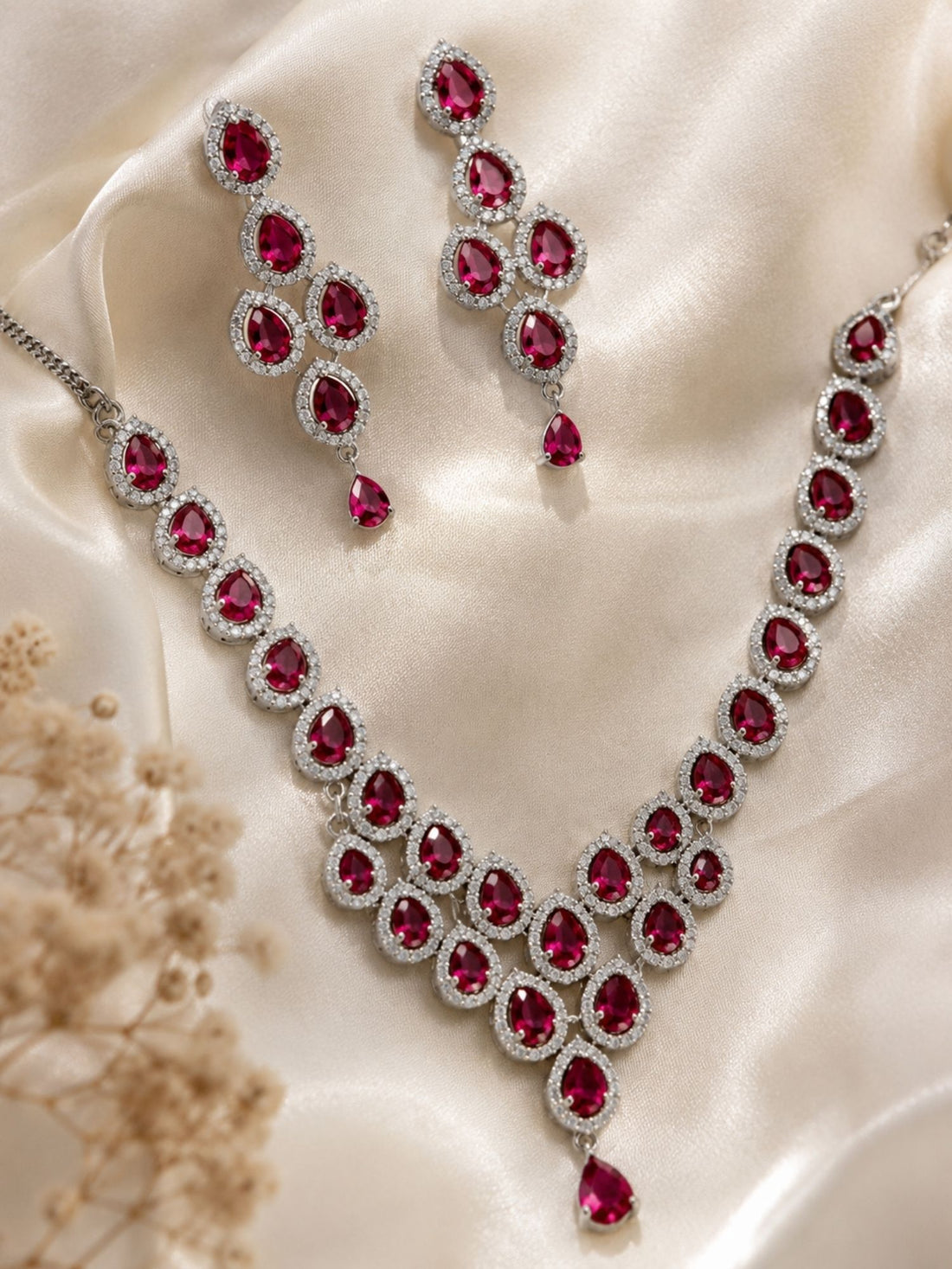 Silver Tone Cz Ruby Necklace Set Elegant Glam | Abdesigns