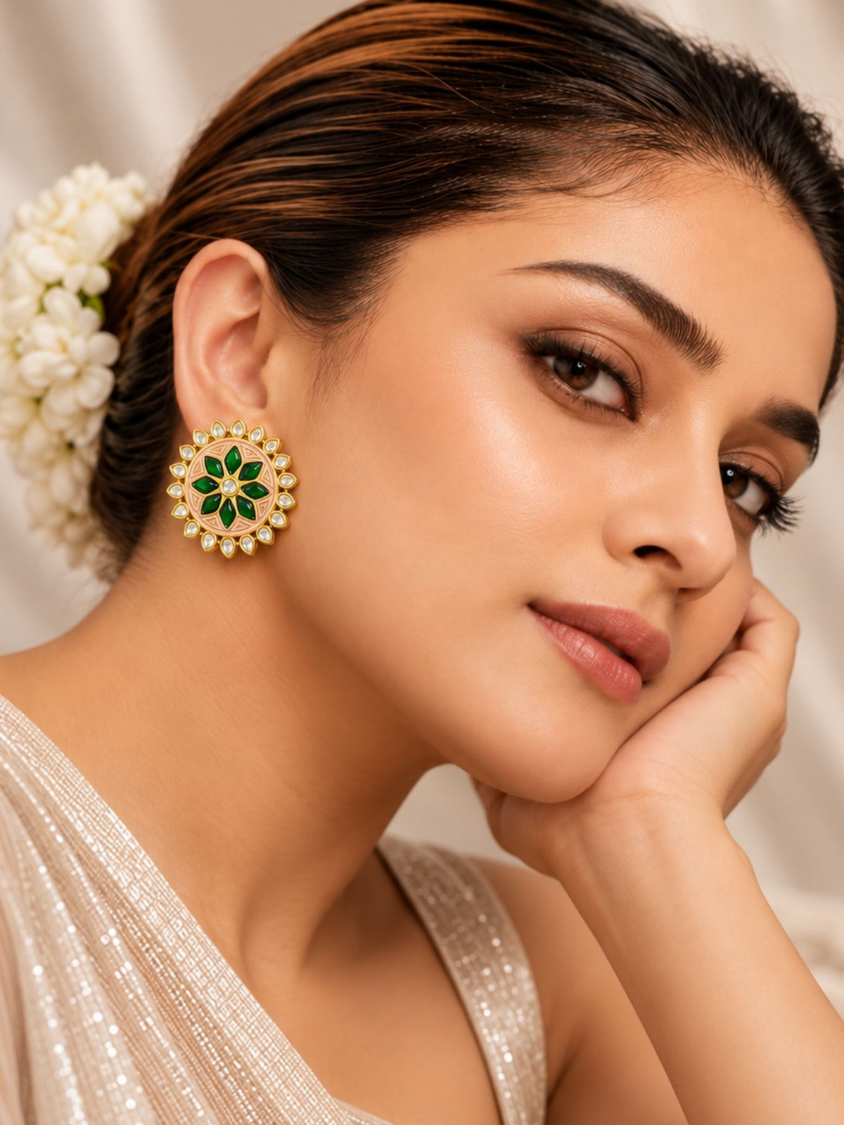 Green Meenakari Kundan Floral Stud Earrings Gold Plated | Abdesigns