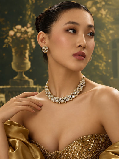 Kundan Polki Choker Necklace Set with Stud Earrings, Gold Plated