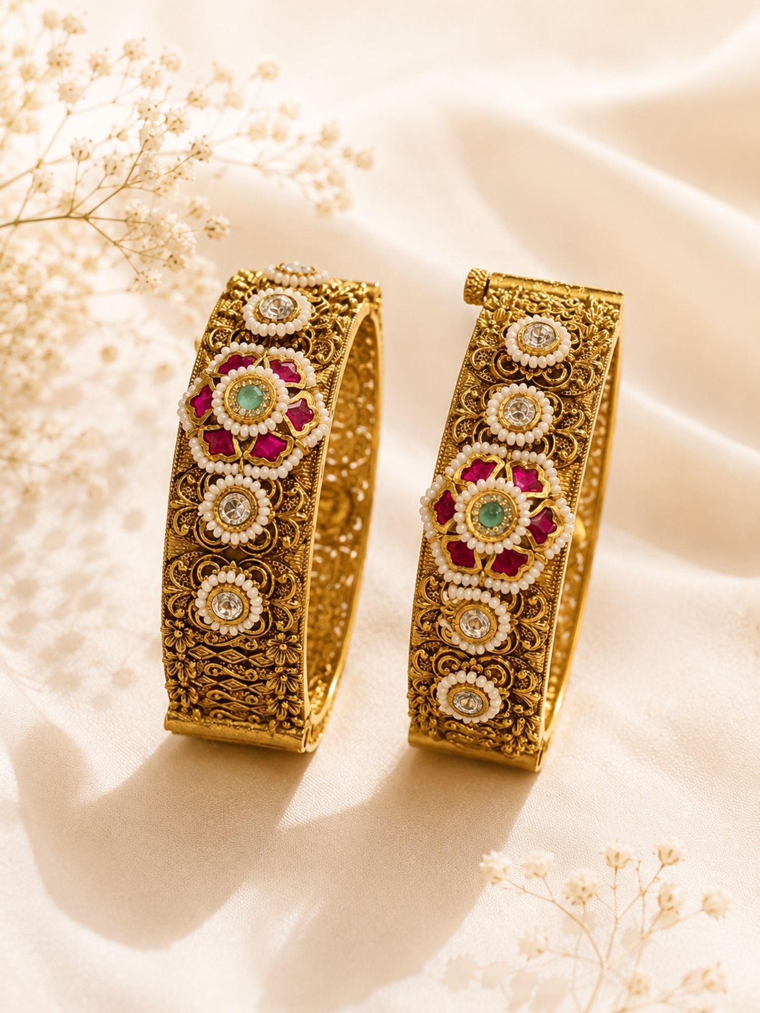 Antique Ahmedabadi Jadau Gold Kundan Floral Bangles – Bridal Set | Abdesigns