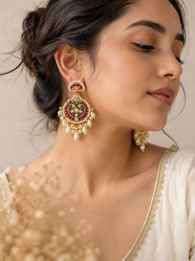 Abdesigns Pachi Kundan Multicolour Pearl Chandbali Earrings
