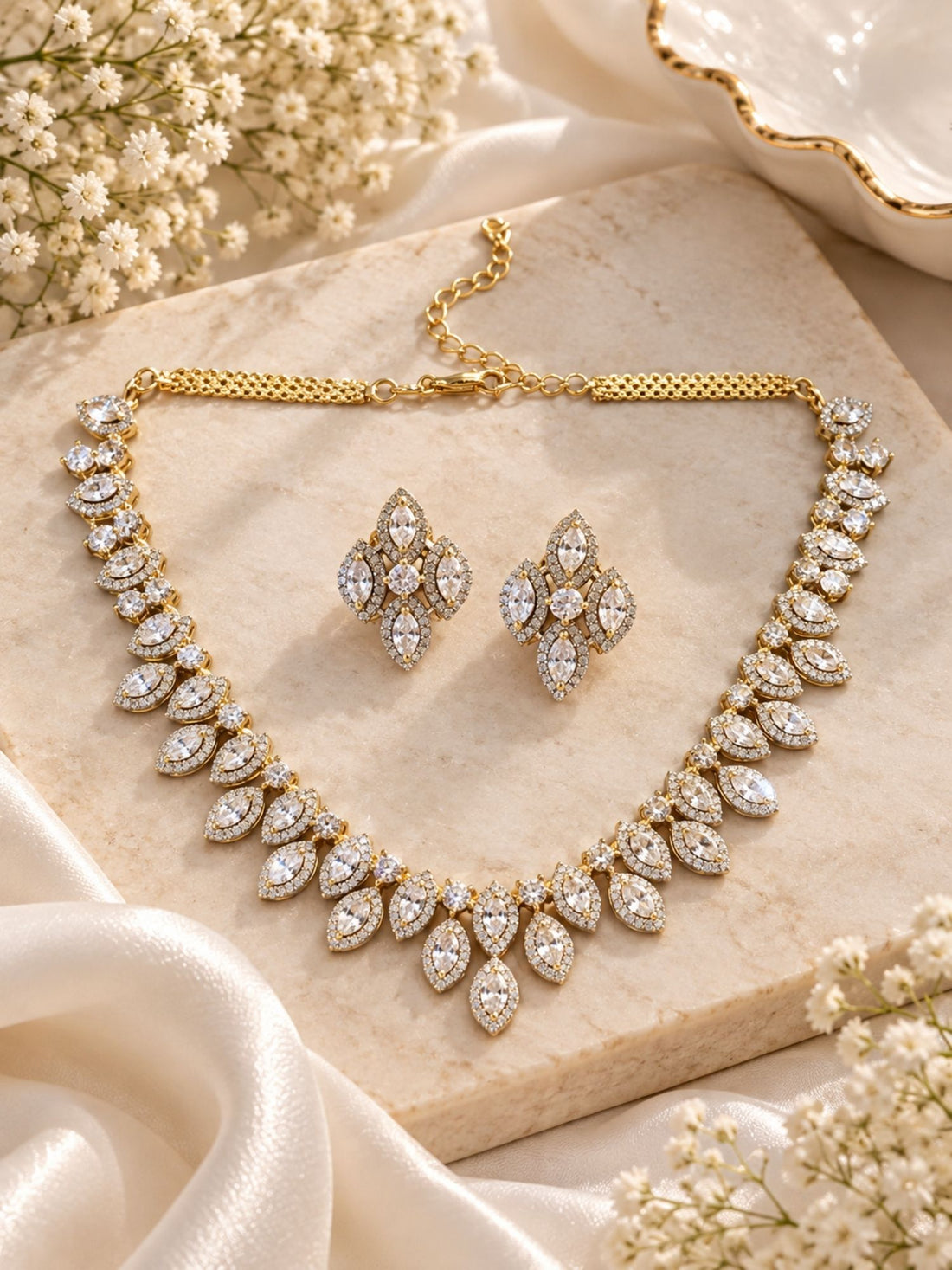Gold Plated AD Stone Leaf Necklace Set with Earrings for Women
