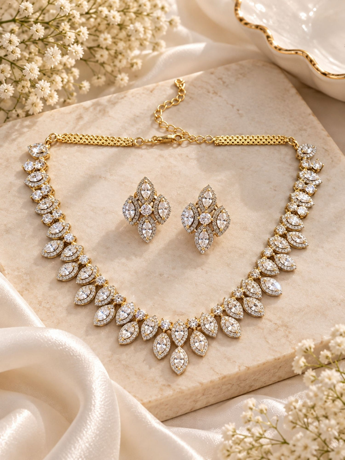 Gold Plated AD Stone Leaf Necklace Set with Earrings for Women