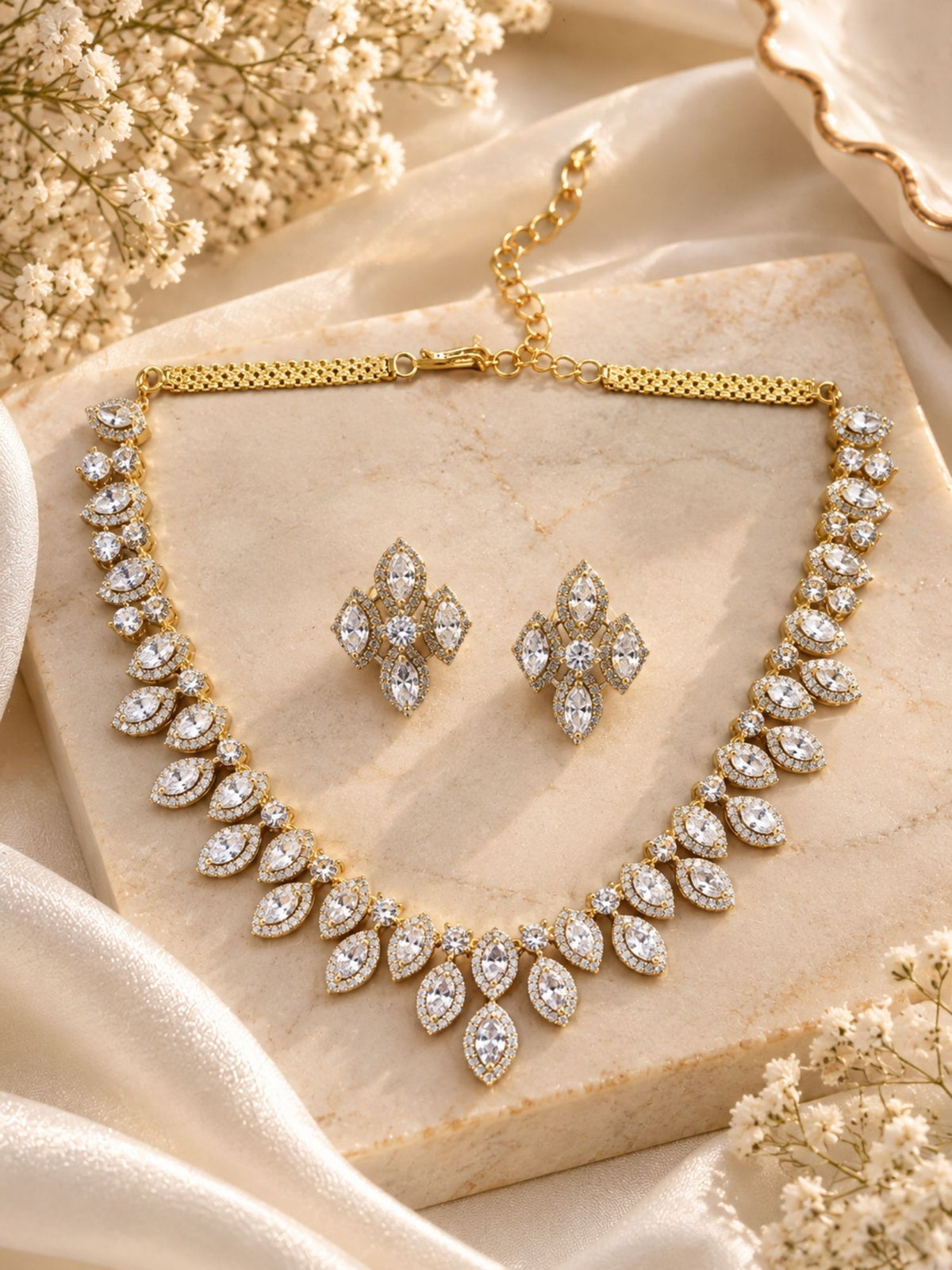 Gold Plated AD Stone Leaf Necklace Set with Earrings for Women