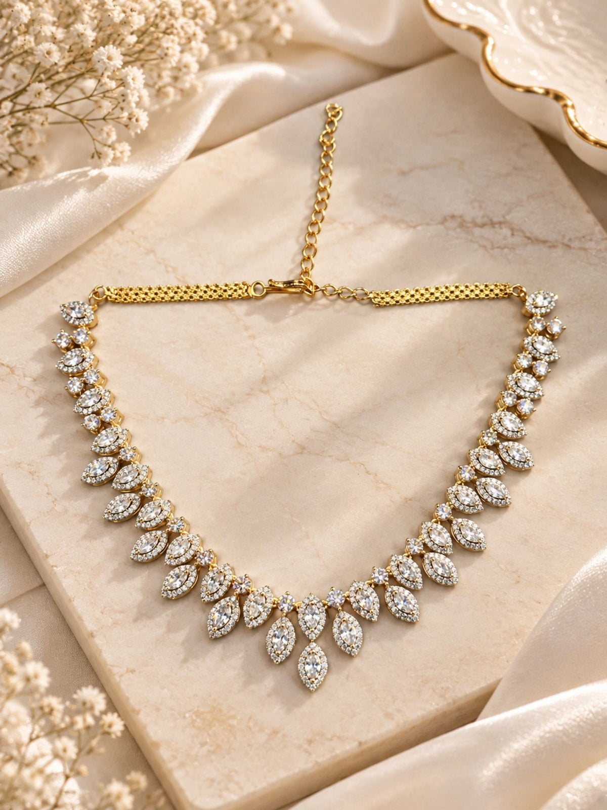 Gold Plated AD Stone Leaf Necklace Set with Earrings for Women