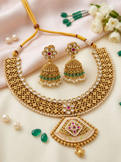 Abdesigns Classic Antique Gold Choker Set with Pearl Detailing & Jhumkas