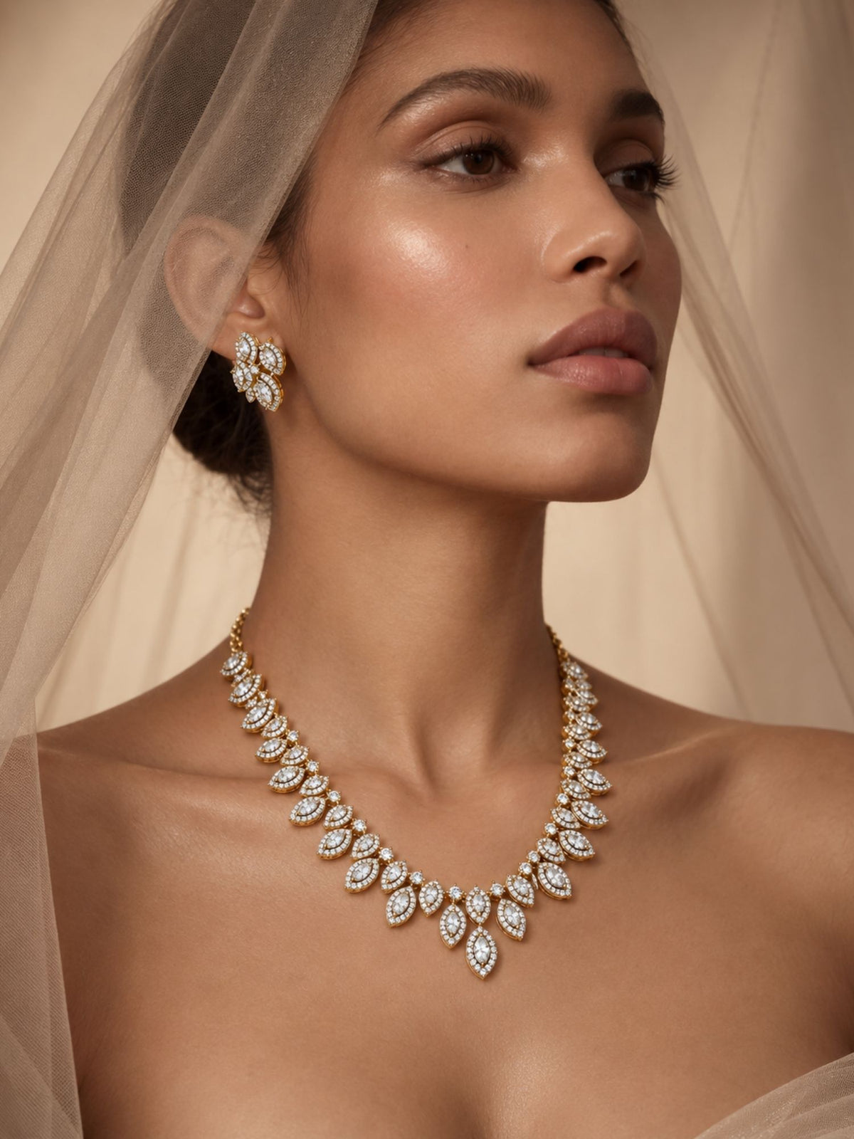 Gold Plated AD Stone Leaf Necklace Set with Earrings for Women