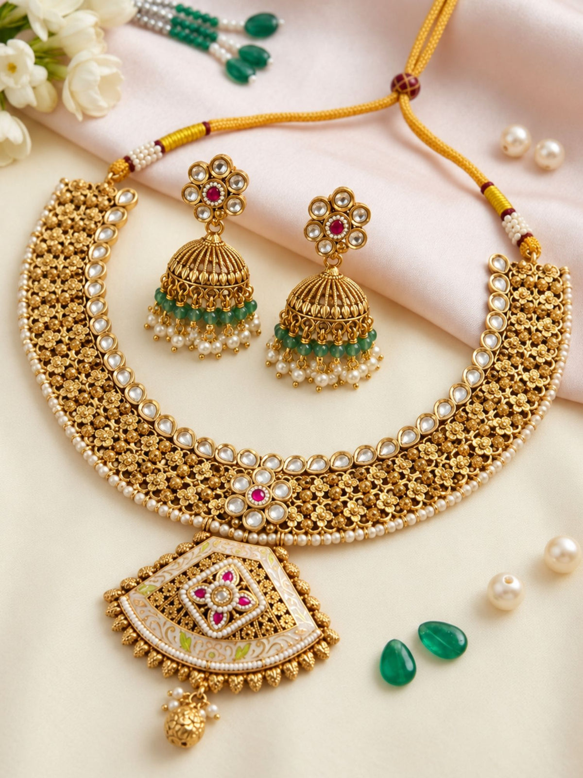 Abdesigns Classic Antique Gold Choker Set with Pearl Detailing & Jhumkas