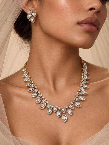 Gold Plated AD Stone Leaf Necklace Set with Earrings for Women