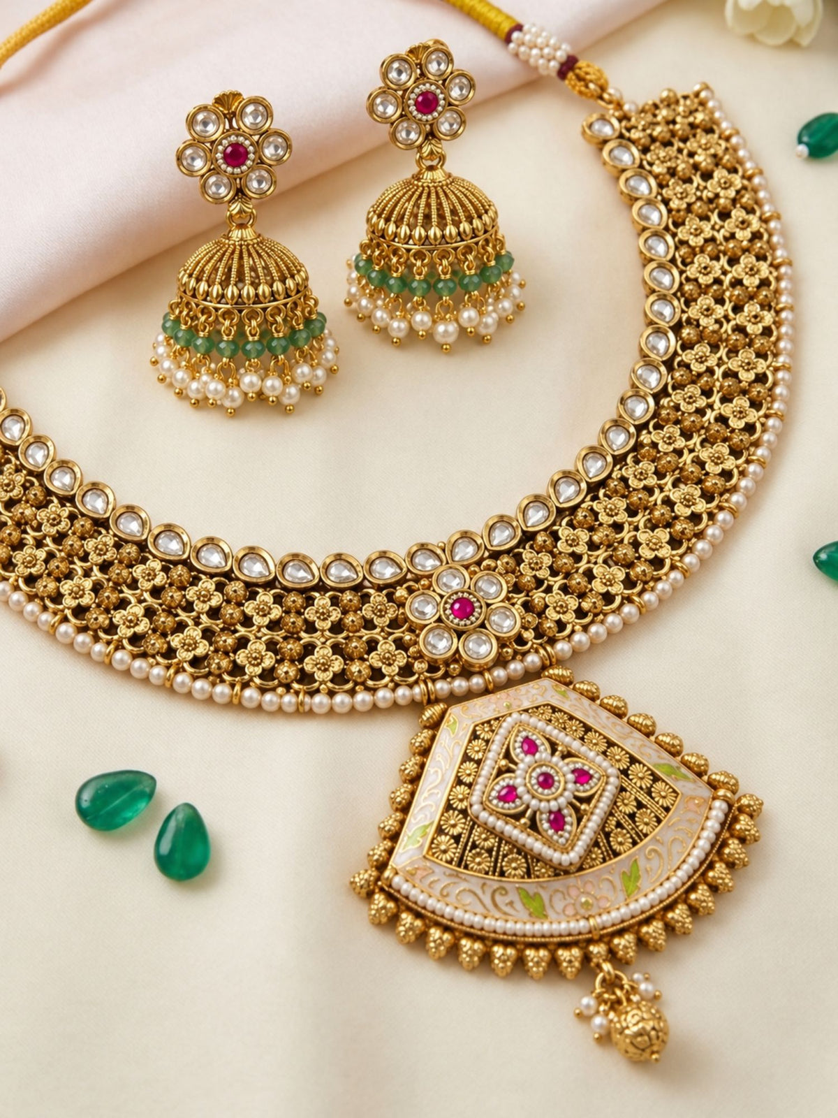 Abdesigns Classic Antique Gold Choker Set with Pearl Detailing & Jhumkas
