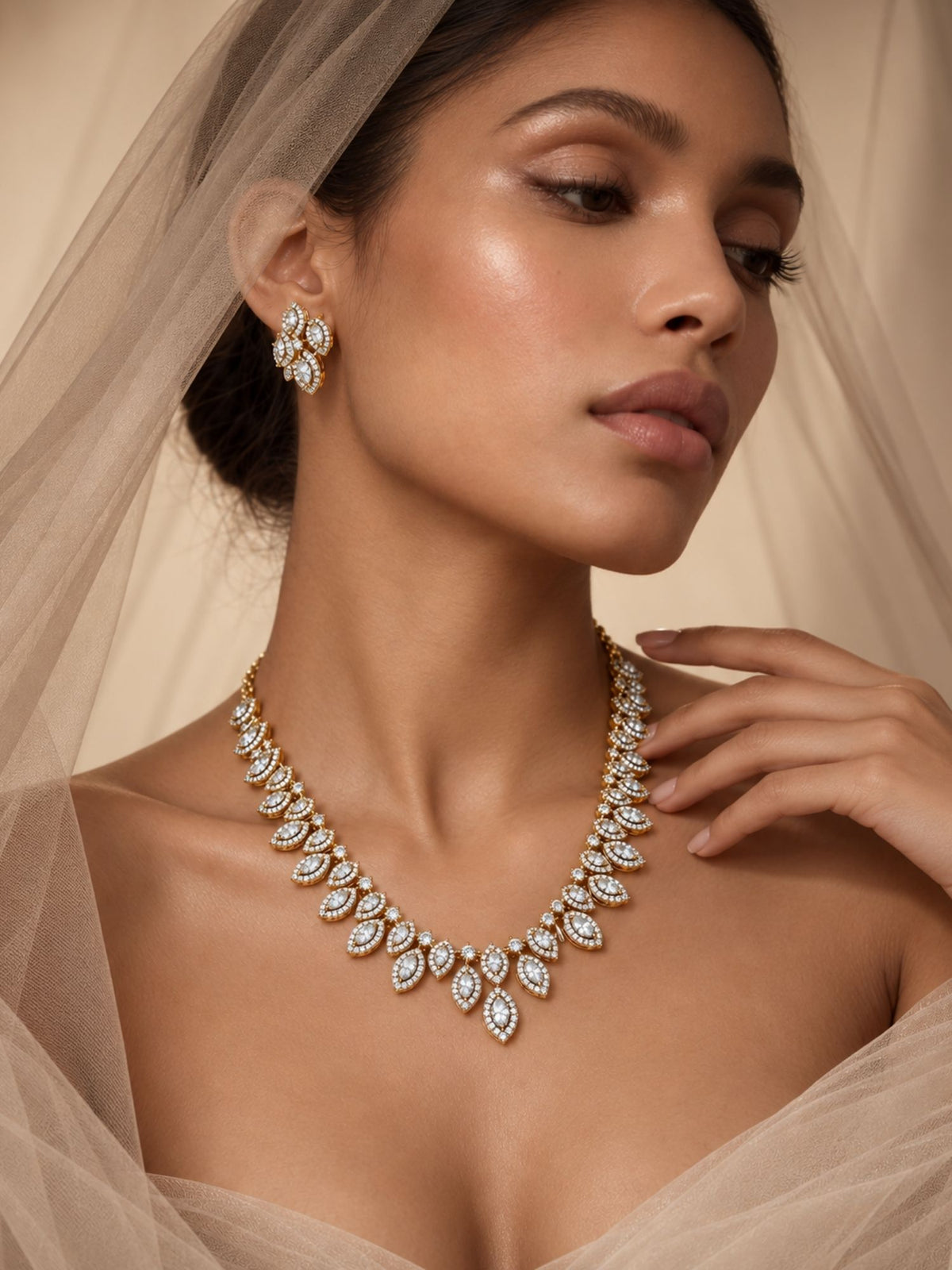 Gold Plated AD Stone Leaf Necklace Set with Earrings for Women