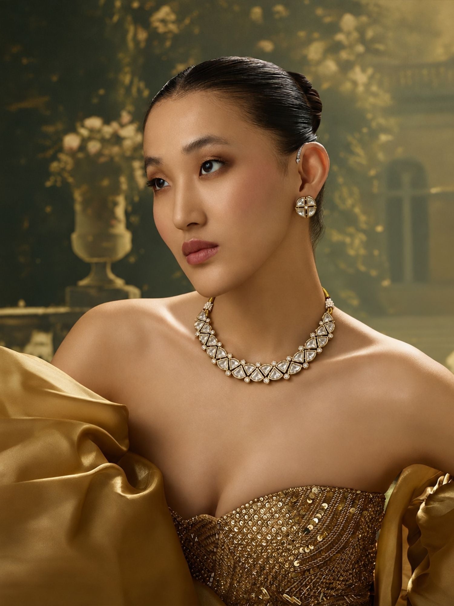 Kundan Polki Choker Necklace Set with Stud Earrings, Gold Plated