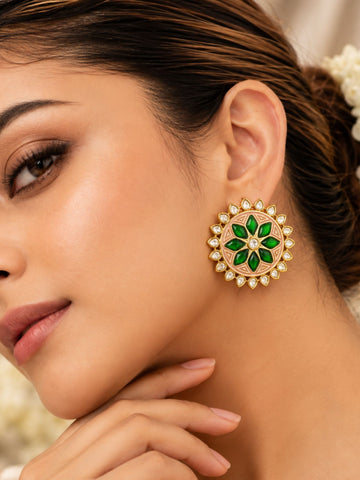 Green Meenakari Kundan Floral Stud Earrings Gold Plated | Abdesigns