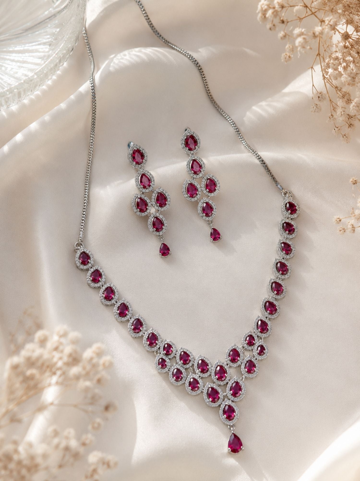 Silver Tone Cz Ruby Necklace Set Elegant Glam | Abdesigns