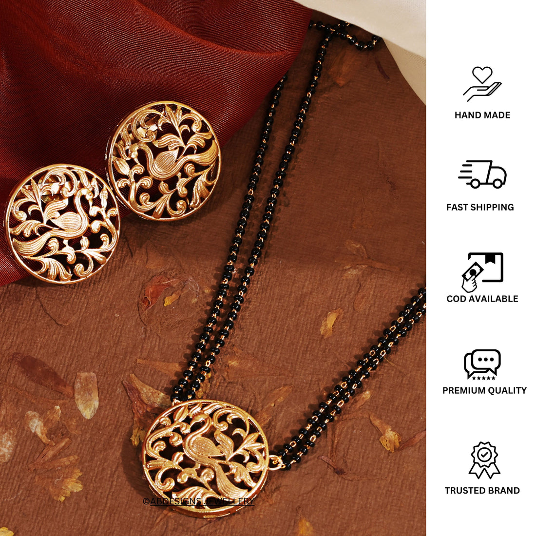 Antique Gold Round Peacock Mangalsutra & Earrings - Abdesignsjewellery