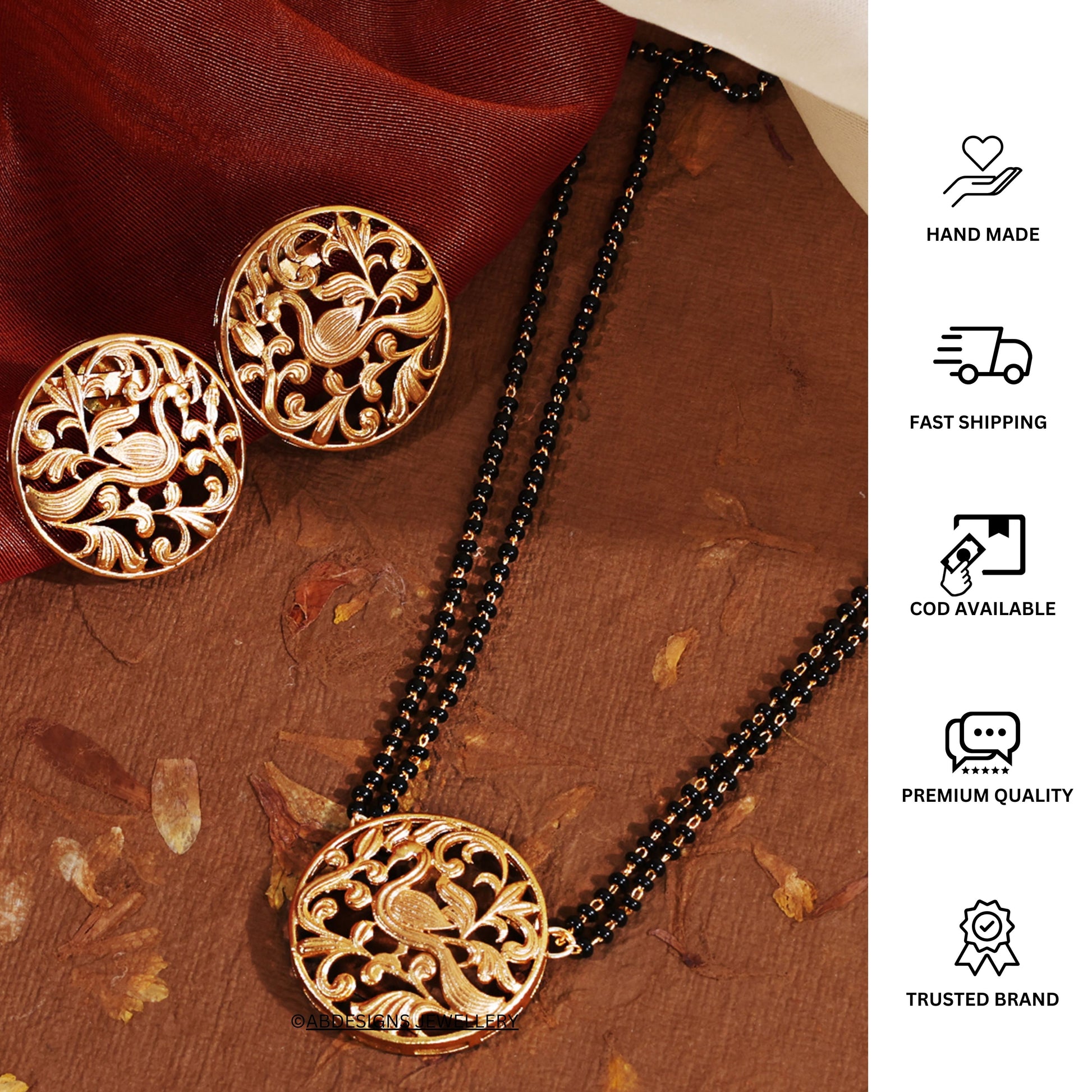 Antique Gold Round Peacock Mangalsutra & Earrings - Abdesignsjewellery