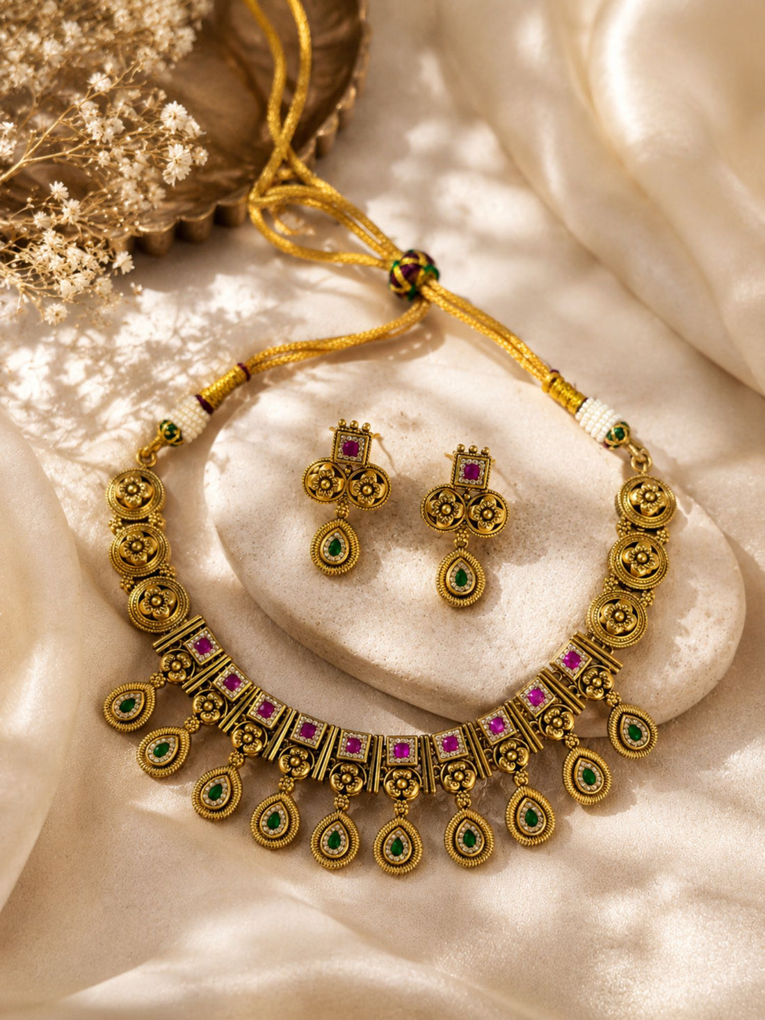 Antique Gold Plated Temple Necklace Set with Bangles Combo for Women